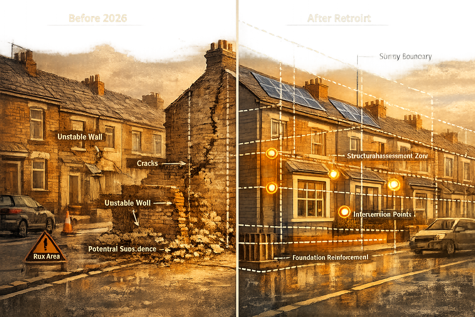 Split-screen architectural visualization depicting pre-2026 and post-retrofit urban residential streetscape, highlighting party wall survey 