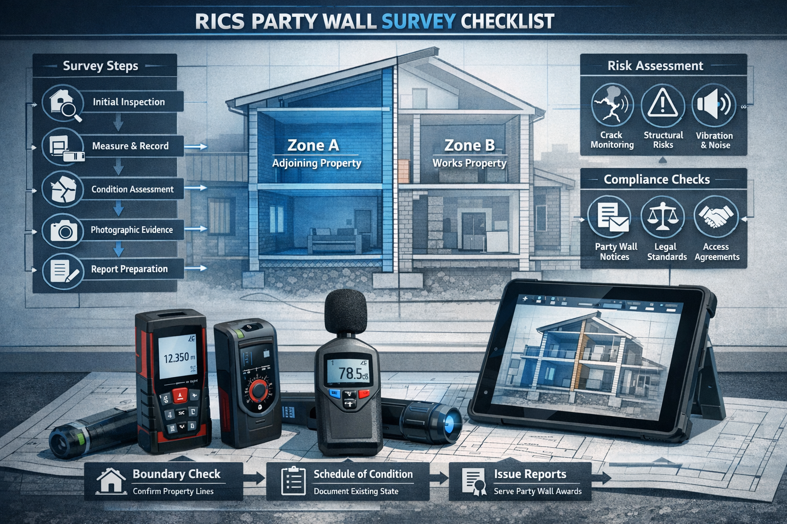 Detailed RICS party wall survey checklist illustration with interactive digital overlay, showing step-by-step survey process flowchart. Fore
