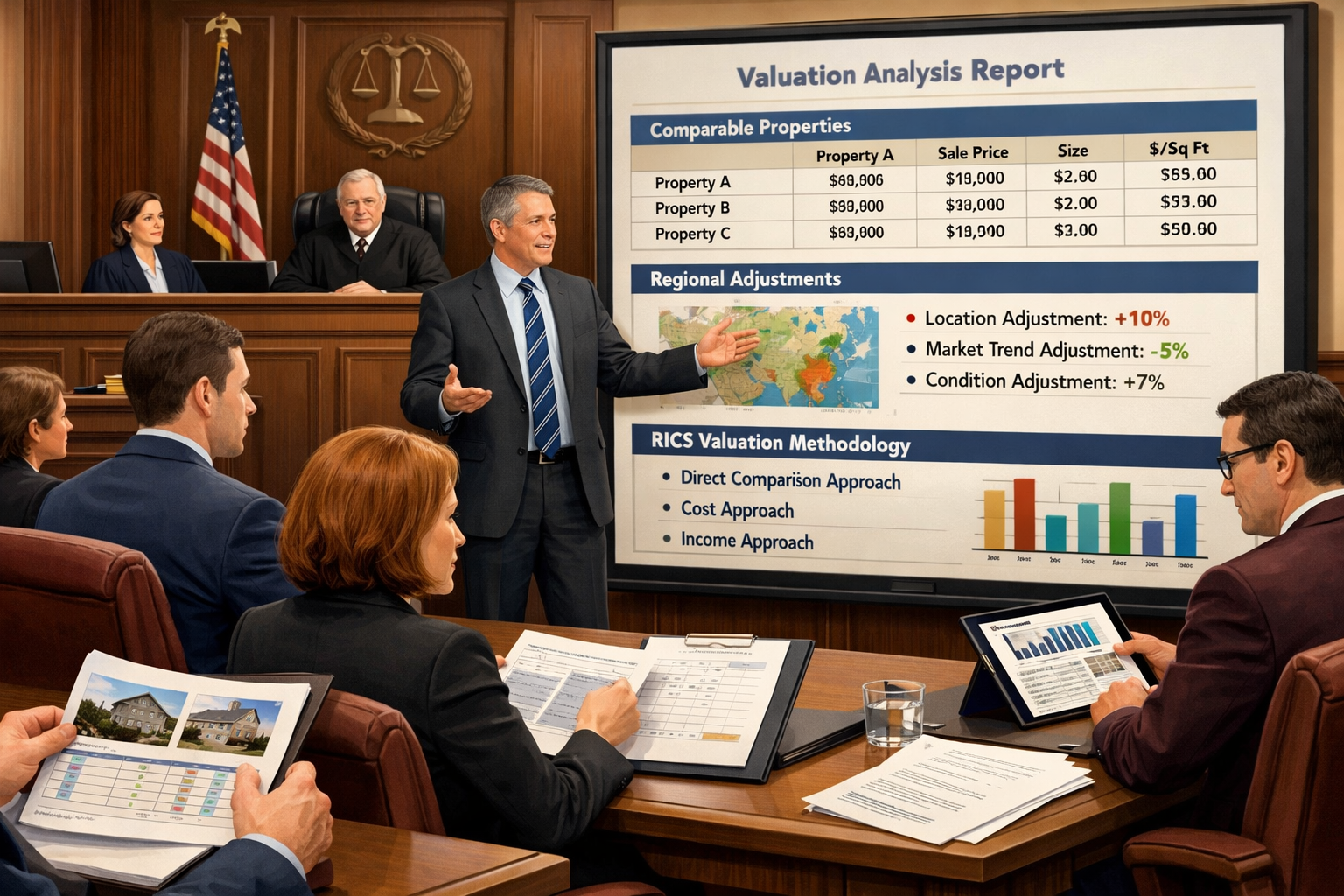 () professional courtroom scene illustration showing expert witness surveyor presenting evidence on large display screen to