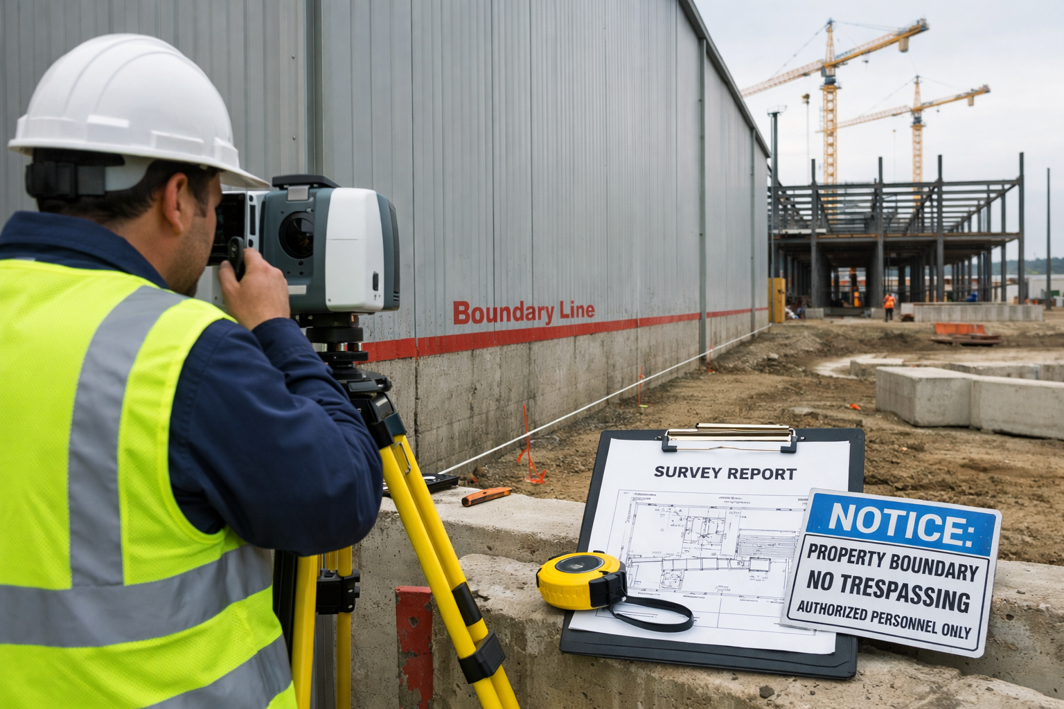Landscape format (1536x1024) professional photograph of manufacturing facility expansion site showing surveyor conducting boundary inspectio