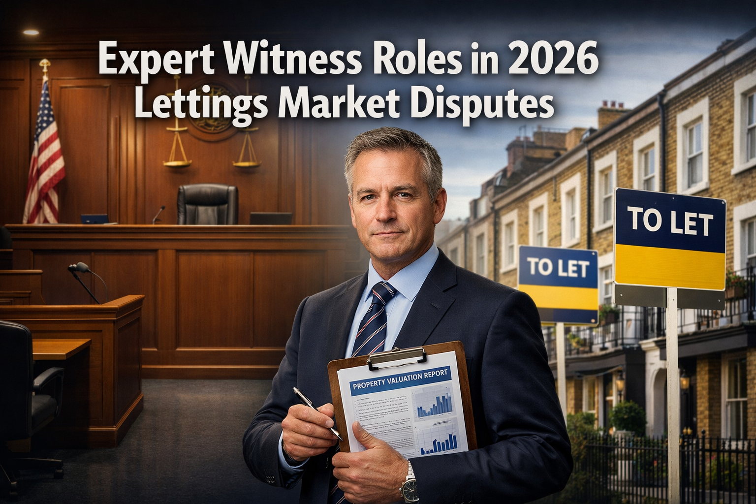 Professional () editorial hero image with 'Expert Witness Roles in 2026 Lettings Market Disputes' in extra large white with