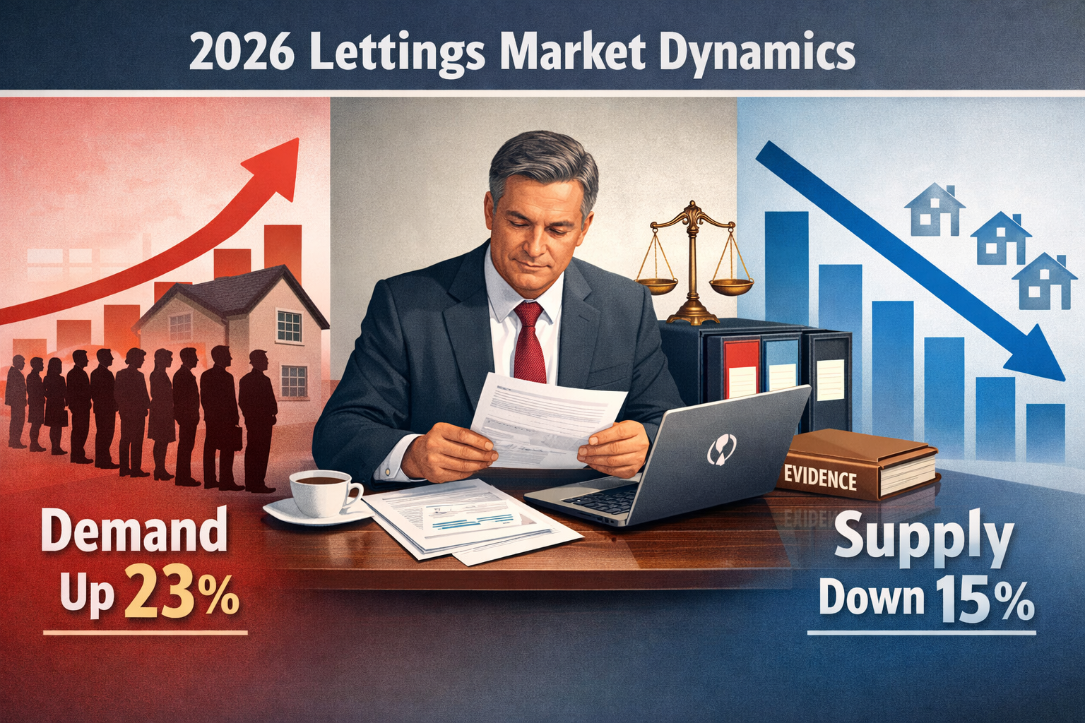 Detailed () infographic-style image showing the 2026 lettings market dynamics with split-screen composition. Left panel