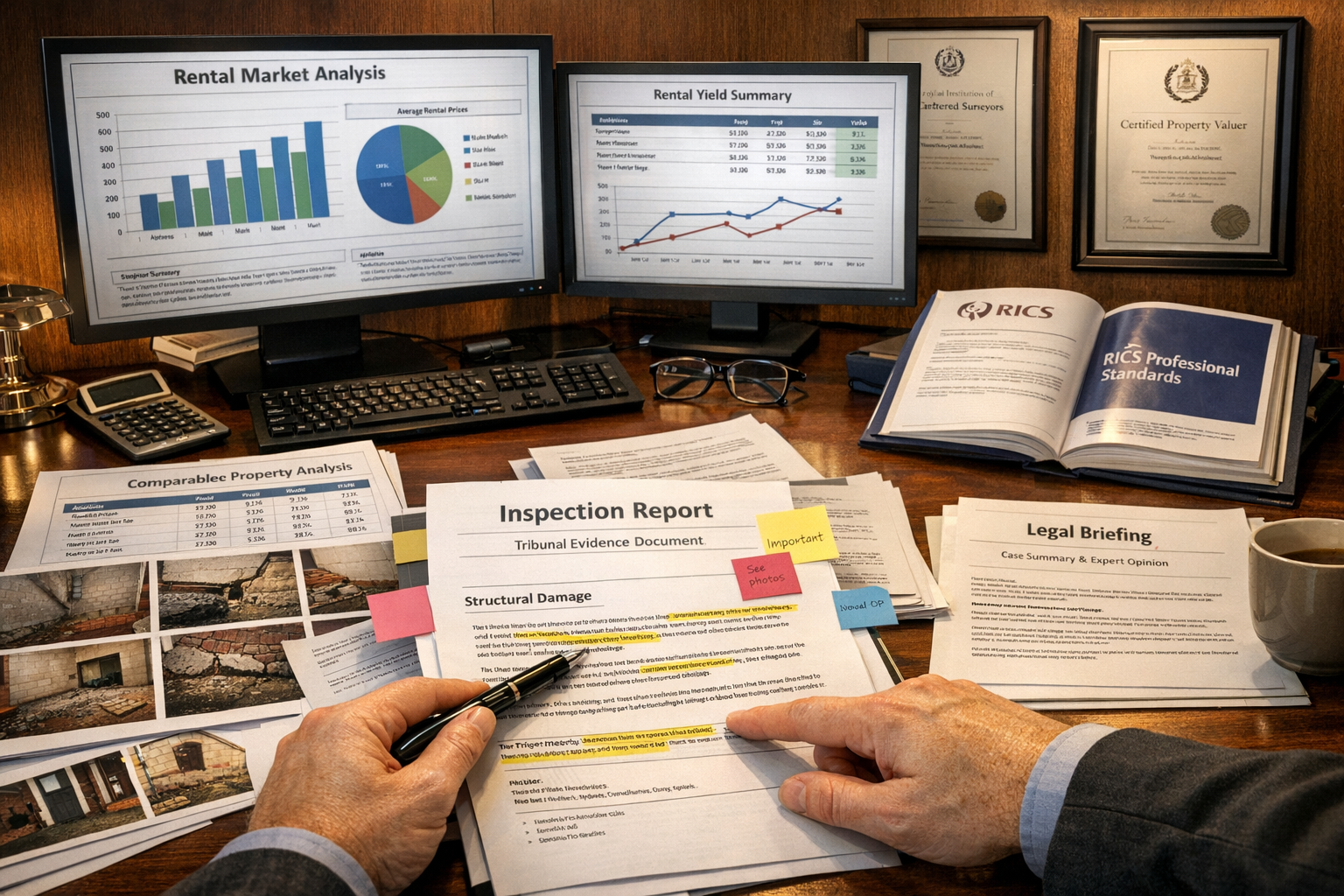 Photorealistic () image of expert witness testimony preparation scene in professional surveyor's office. Wide-angle view