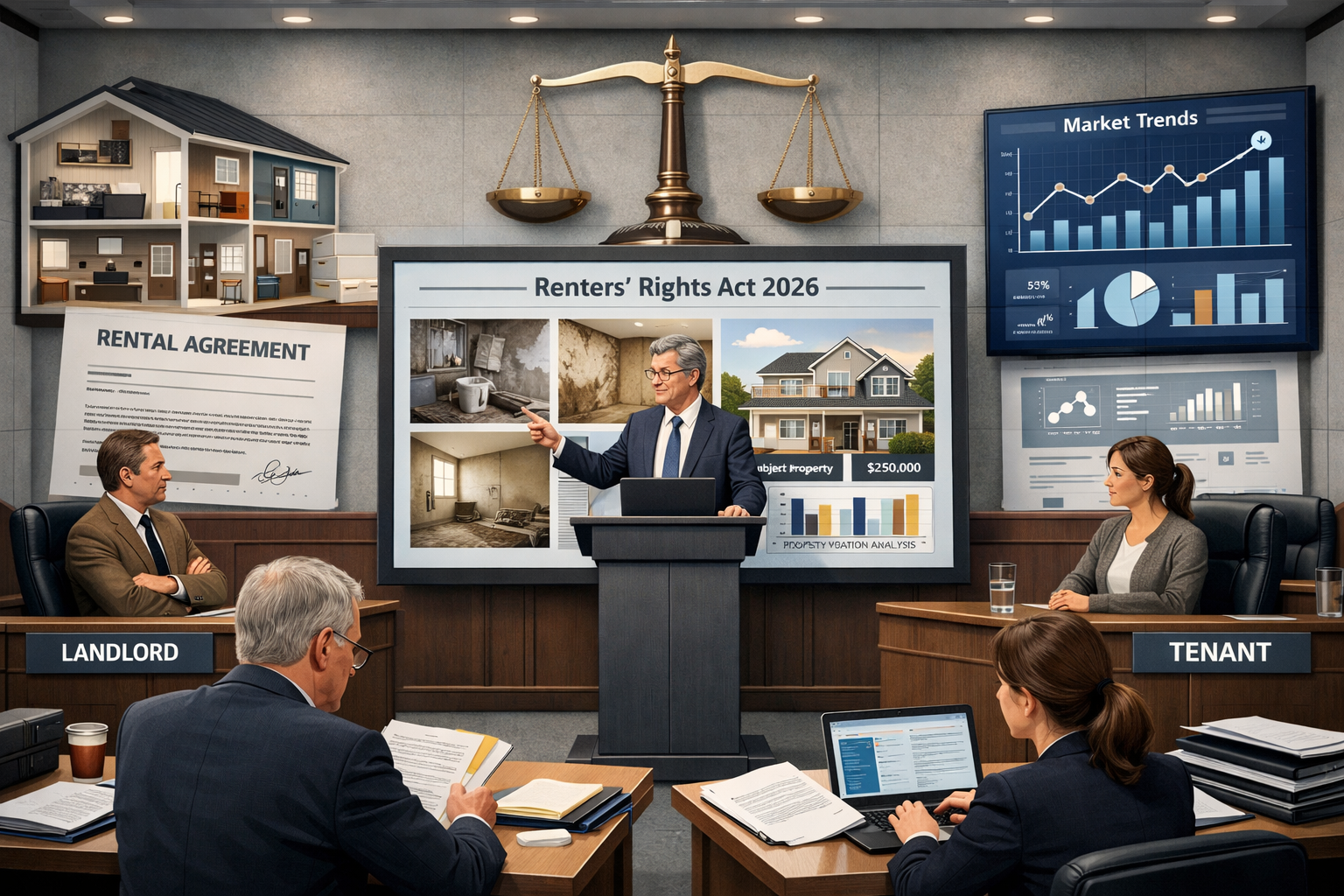 High-detail () conceptual illustration showing the Renters' Rights Act 2026 impact on expert witness proceedings. Central