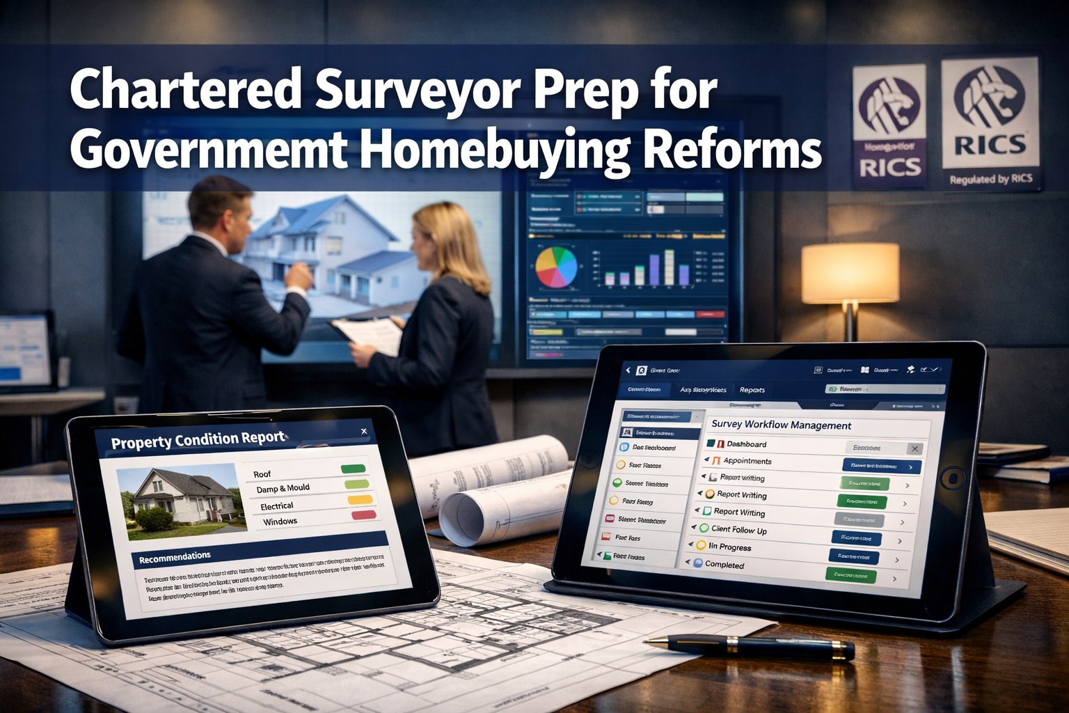 Professional () hero image featuring 'Chartered Surveyor Prep for Government Homebuying Reforms' in extra large white with