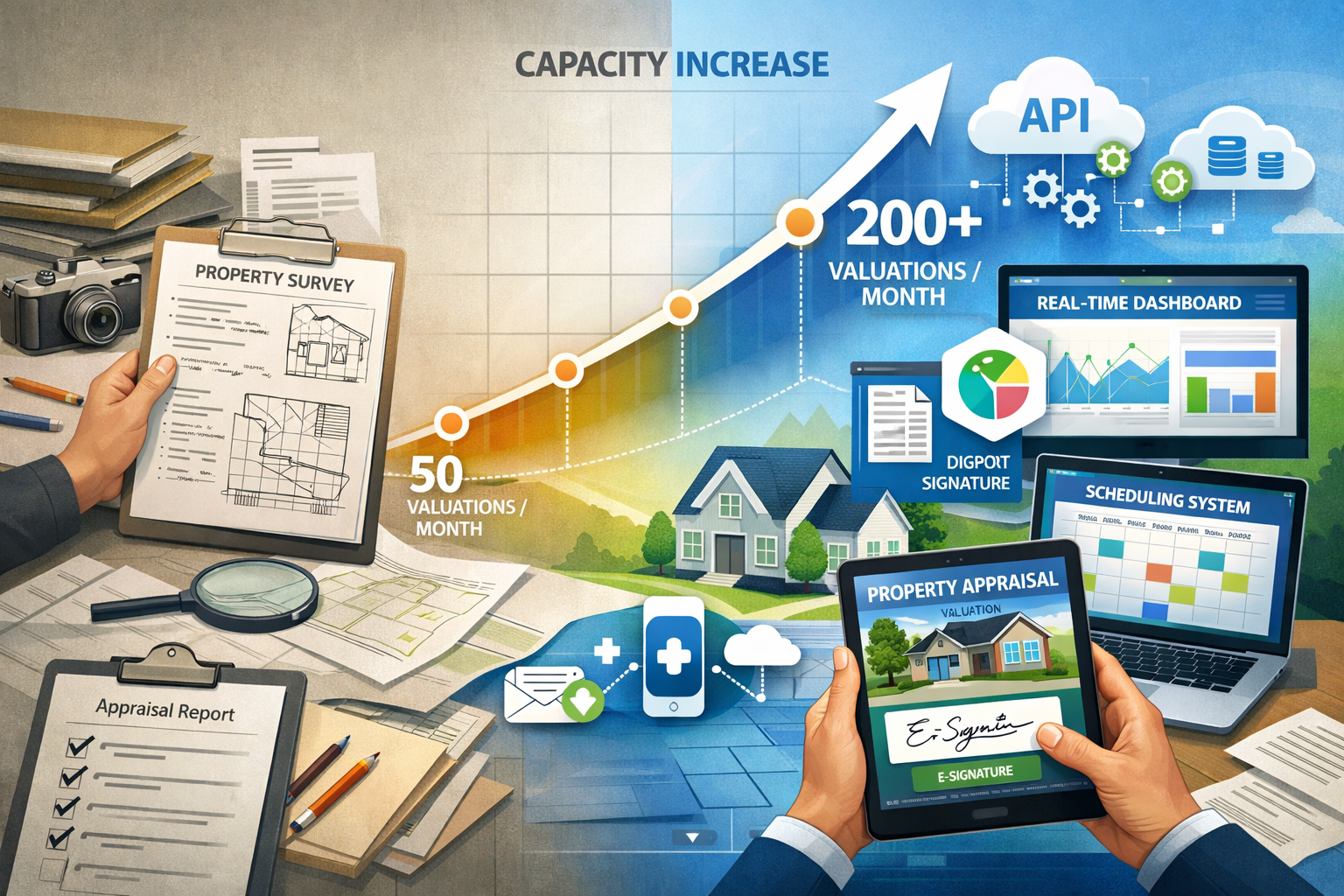 () editorial illustration showing workflow technology transformation in surveying practice. Split-screen composition: left
