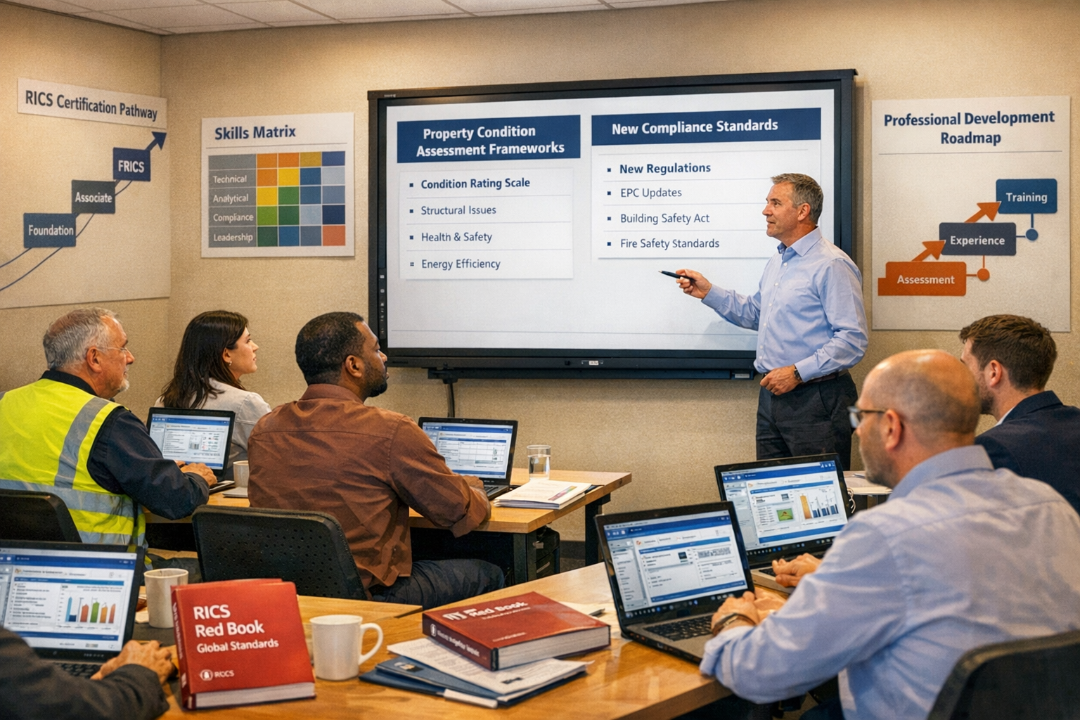 () professional training and development scene inside RICS-accredited training facility. Wide-angle view of modern classroom