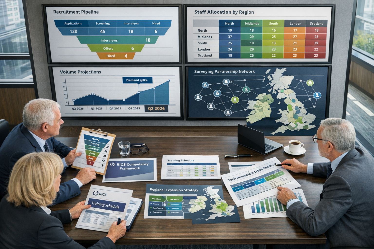 () strategic planning visualization showing talent pipeline and capacity scaling framework. Bird's-eye view of conference