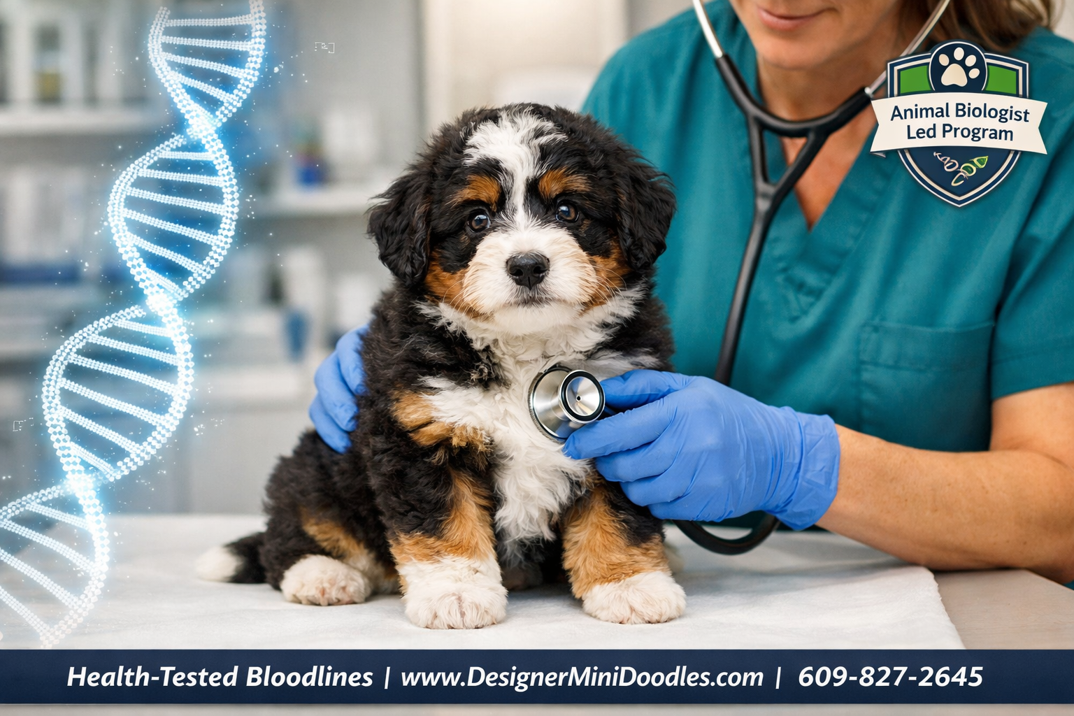 () professional photo-style image of a miniature bernedoodle puppy being examined by a veterinarian in a clean modern clinic
