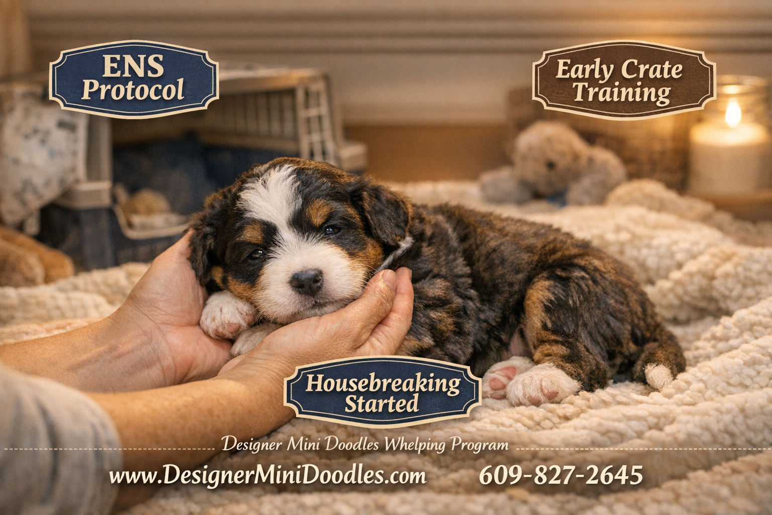 () warm heartfelt image of a miniature bernedoodle puppy in a cozy whelping area with soft blankets, showing early