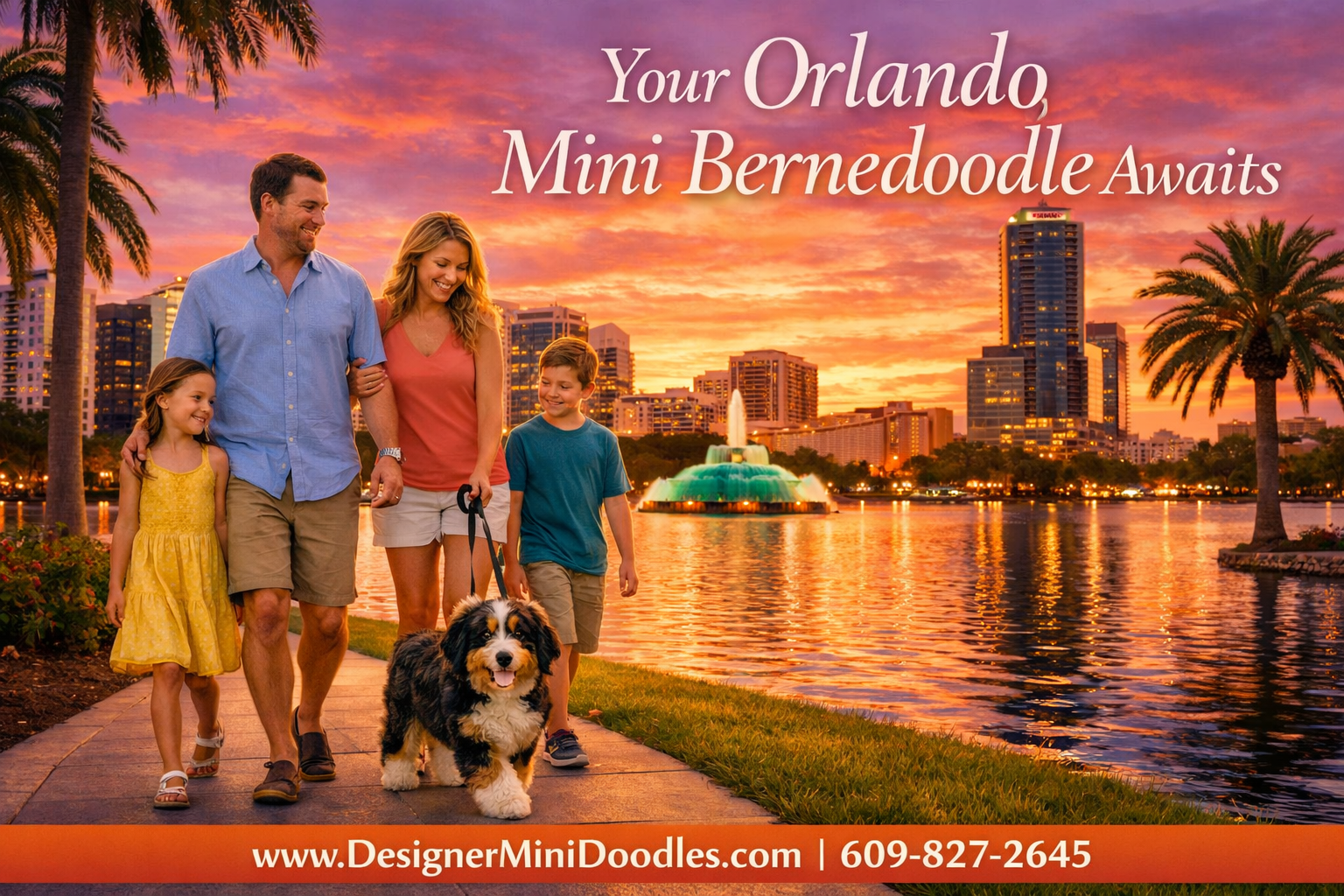 () vibrant Orlando Florida cityscape at sunset with palm trees and Lake Eola fountain visible in background, foreground