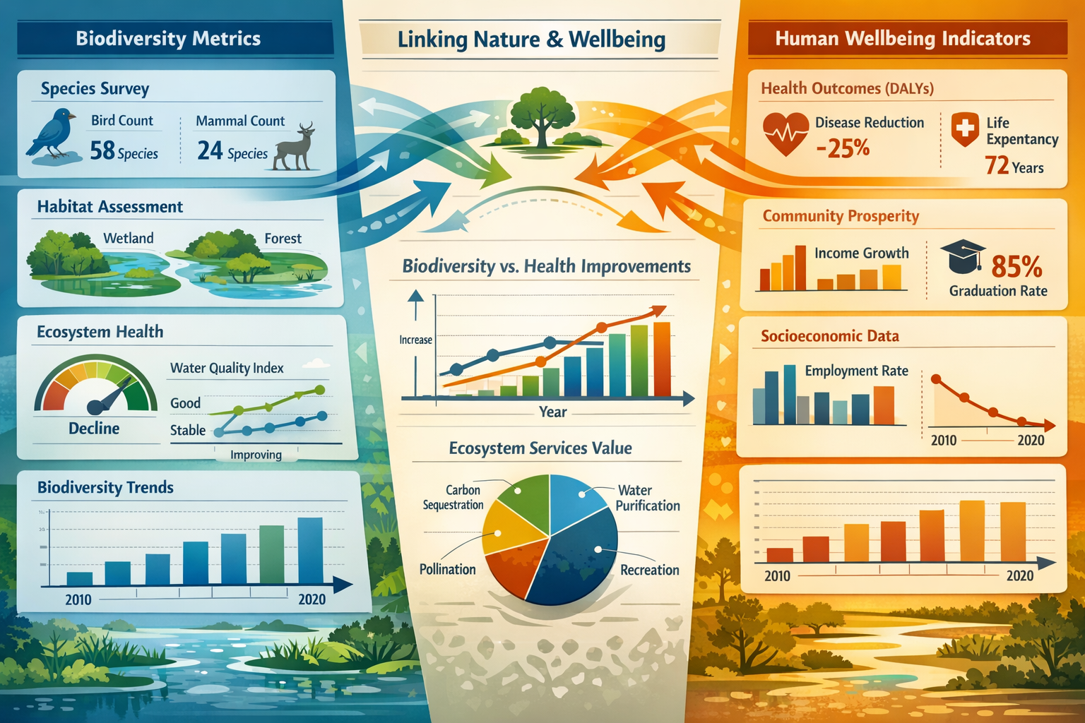 () detailed infographic illustration showing the integration framework between traditional biodiversity metrics and human