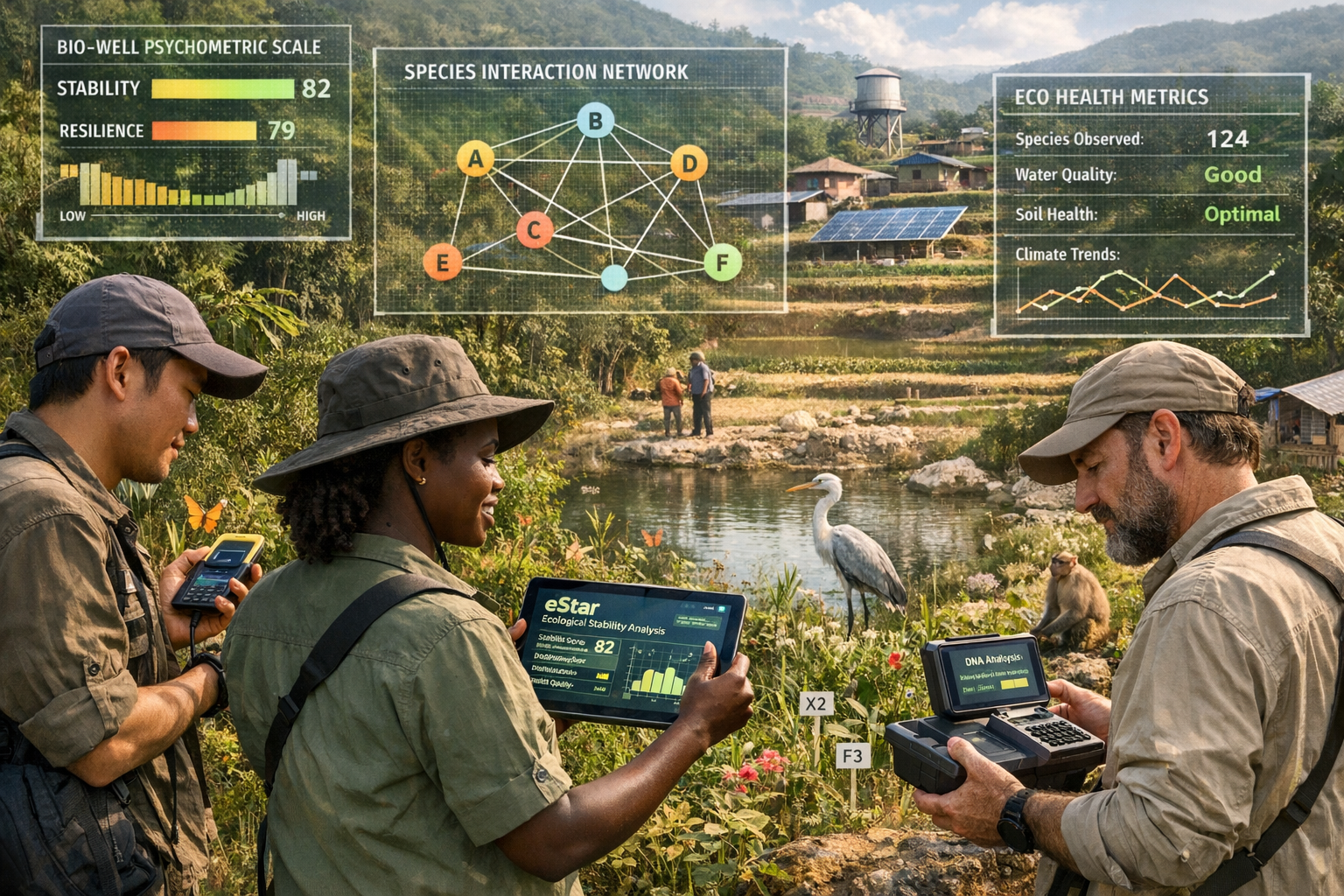 () photorealistic scene of modern biodiversity field survey in action within developing economy context. Foreground shows