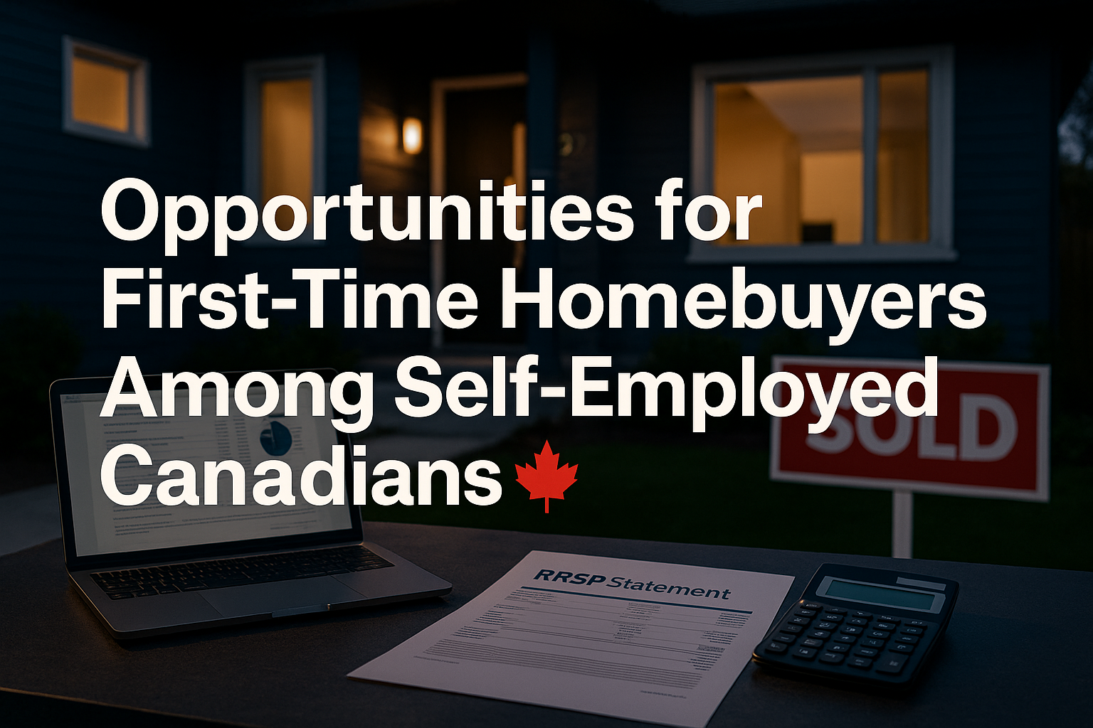 Professional landscape hero image (1536x1024) featuring bold text overlay 'Opportunities for First-Time Homebuyers Among Self-Employed Canad