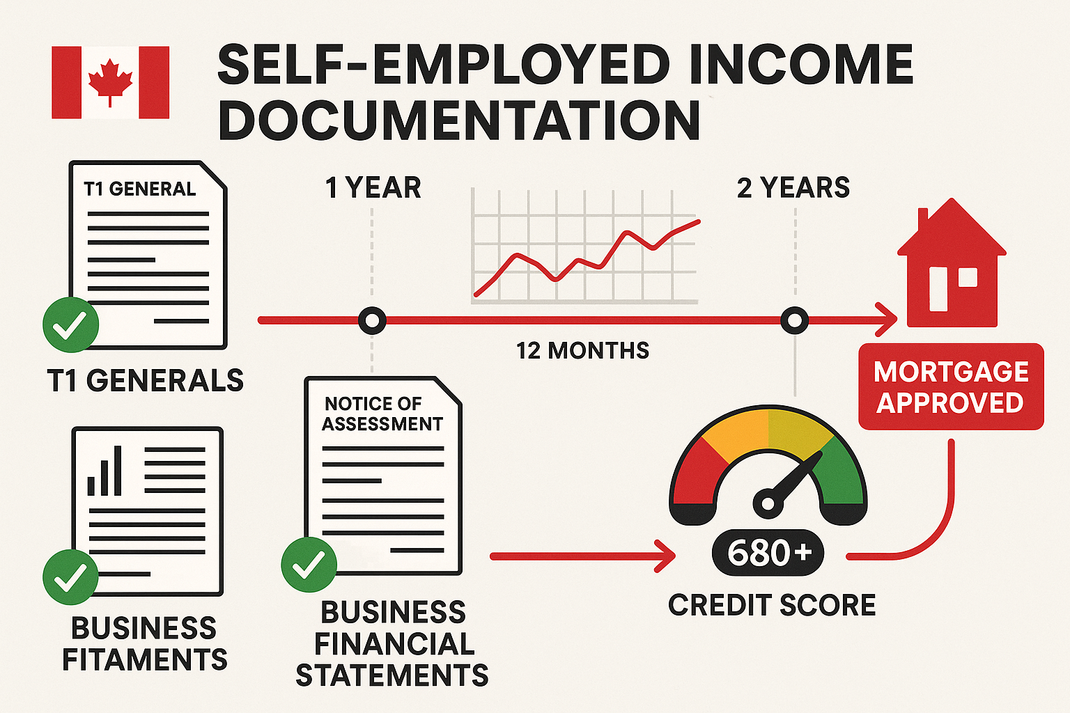 Detailed infographic showing self-employed income documentation requirements with visual timeline spanning 2 years, featuring T1 General for