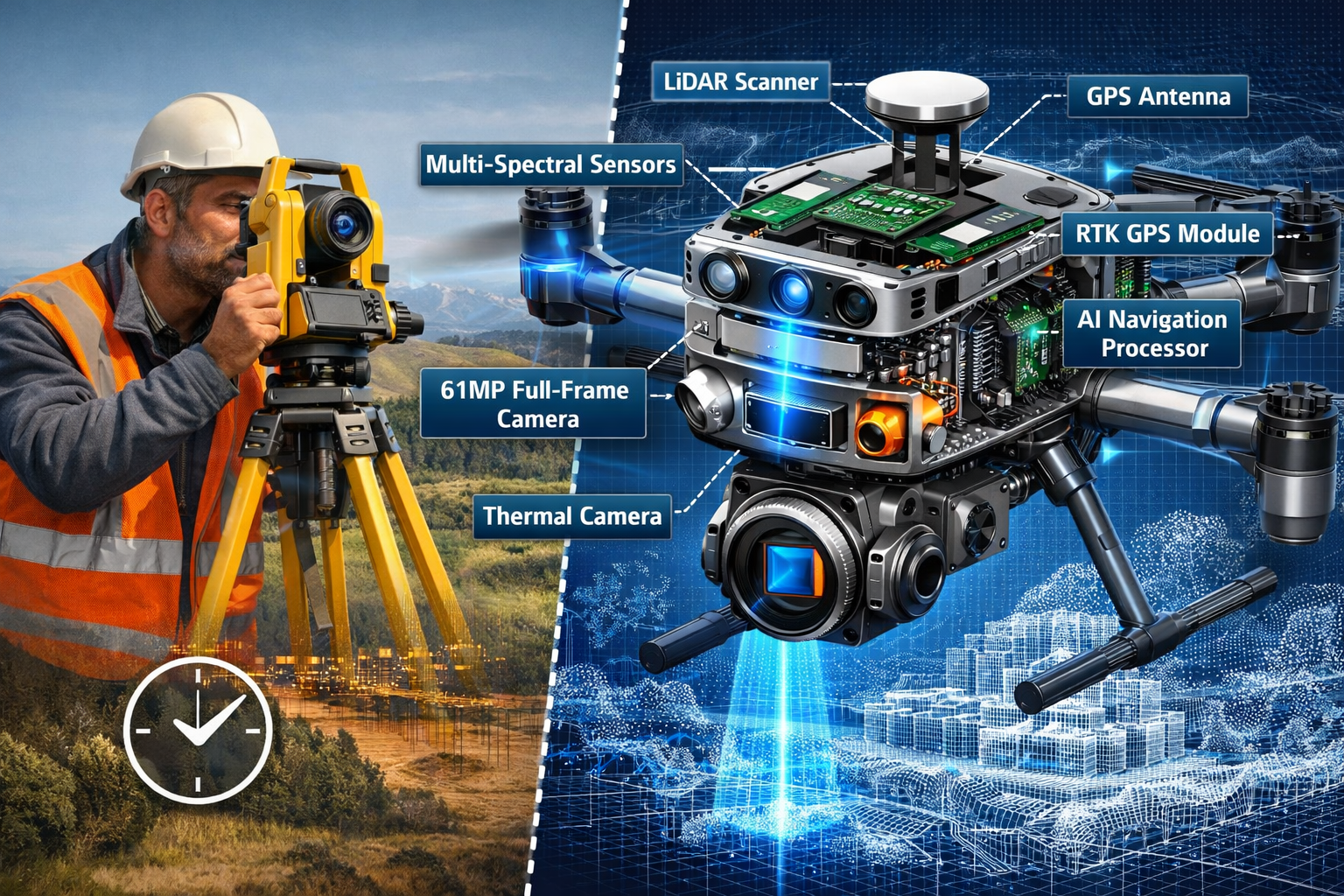 Detailed landscape format (1536x1024) image showing autonomous drone equipped with multiple sensors including LiDAR scanner, RGB camera, the