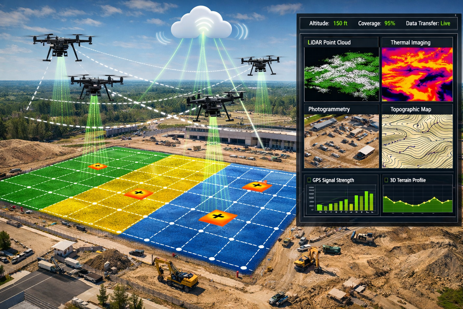 Detailed landscape format (1536x1024) visualization showing large-scale commercial property development site from aerial perspective with au