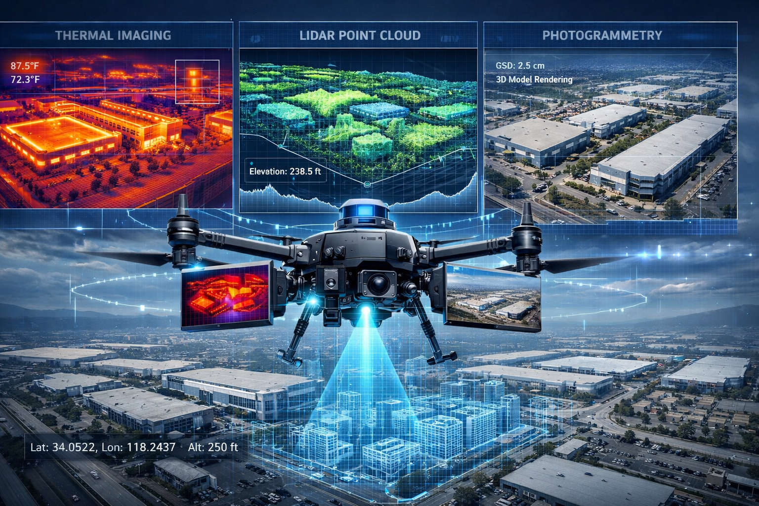 Cinematic landscape-oriented visualization depicting how autonomous drones transform large-scale property surveys, showcasing a high-tech dr