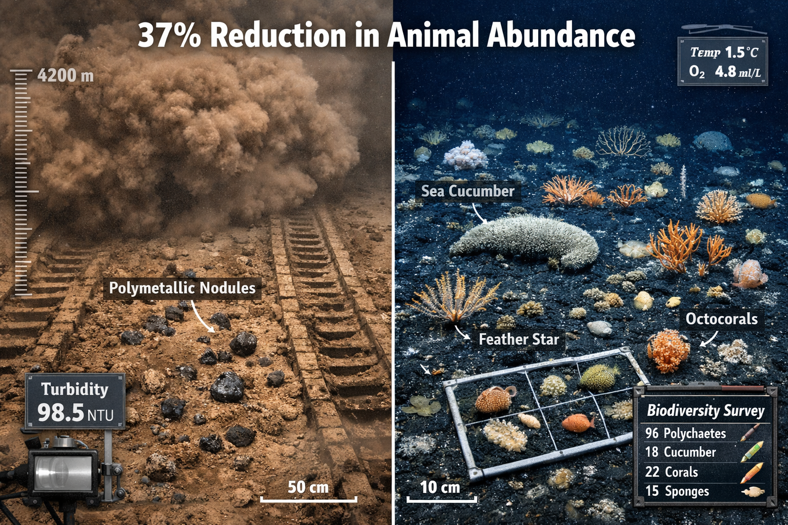 Landscape format (1536x1024) editorial image showing split-screen composition: left side displays underwater mining machine tracks on seaflo