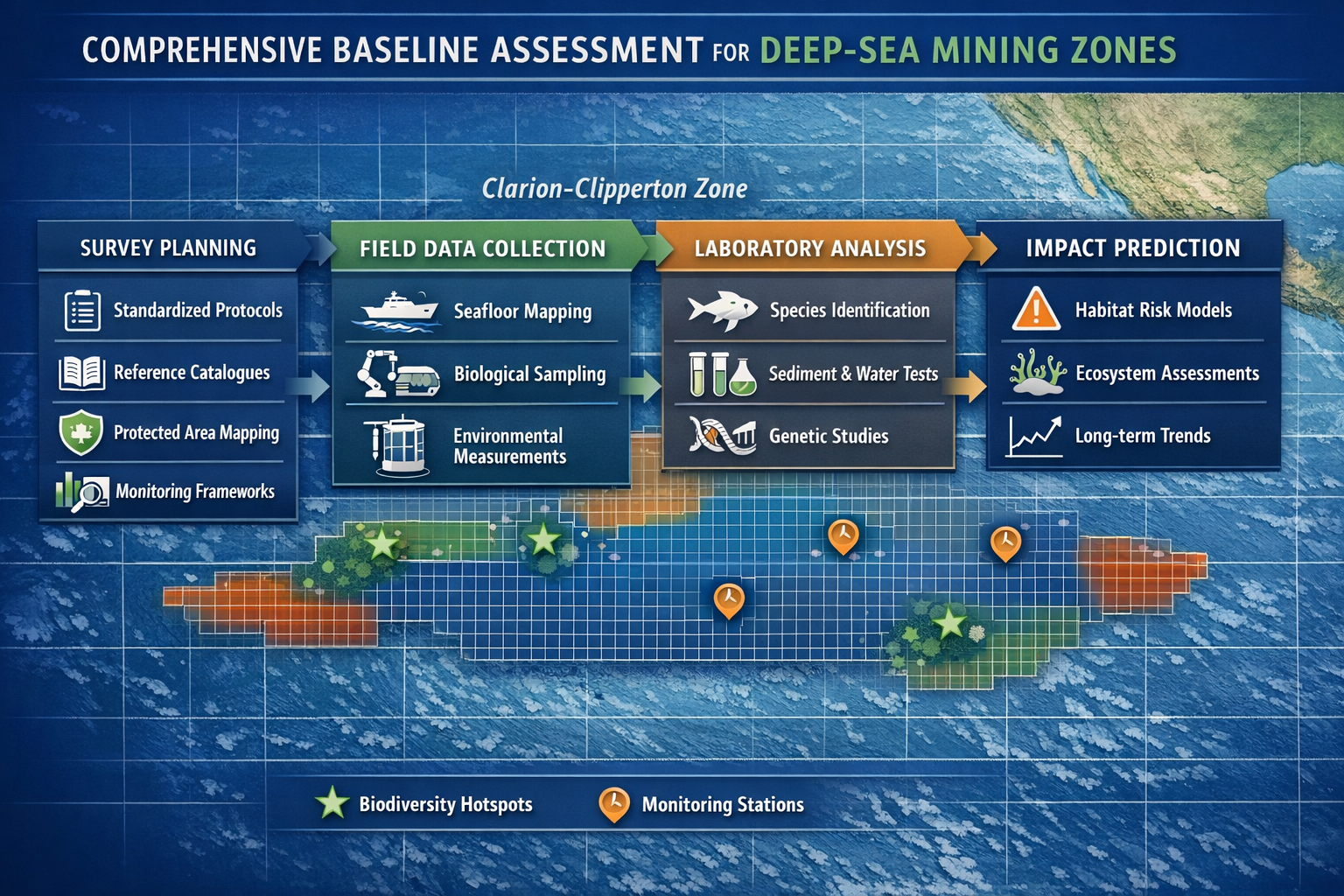 Landscape format (1536x1024) infographic-style image depicting comprehensive baseline assessment workflow for deep-sea mining zones: flowcha