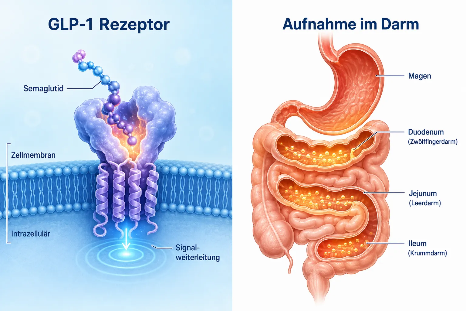 Bright editorial split-screen illustration (): left half shows a glowing molecular GLP-1 receptor diagram with semaglutid
