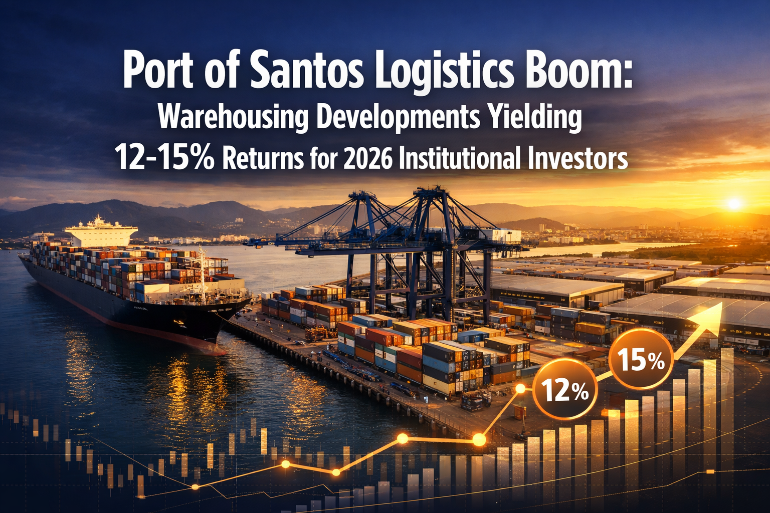 Professional () editorial hero image featuring 'Port of Santos Logistics Boom: Warehousing Developments Yielding 12-15%