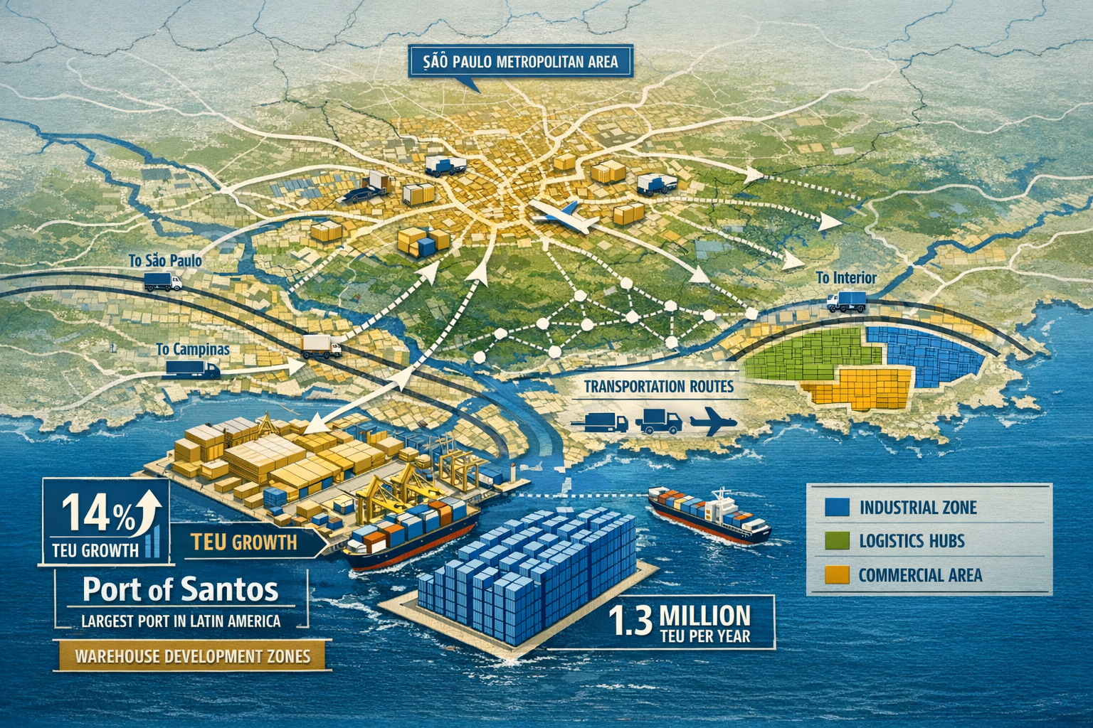 () detailed infographic illustration showing Port of Santos geographical location map with logistics network radiating