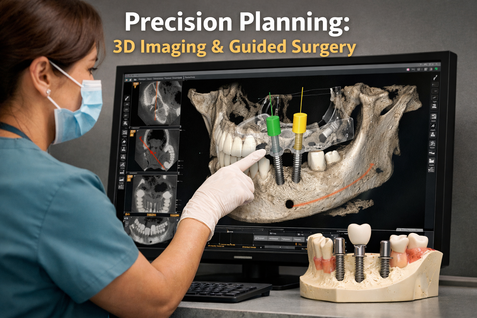 () image showcasing a dental professional interacting with a high-resolution 3D scan of a patient's jawbone on a large