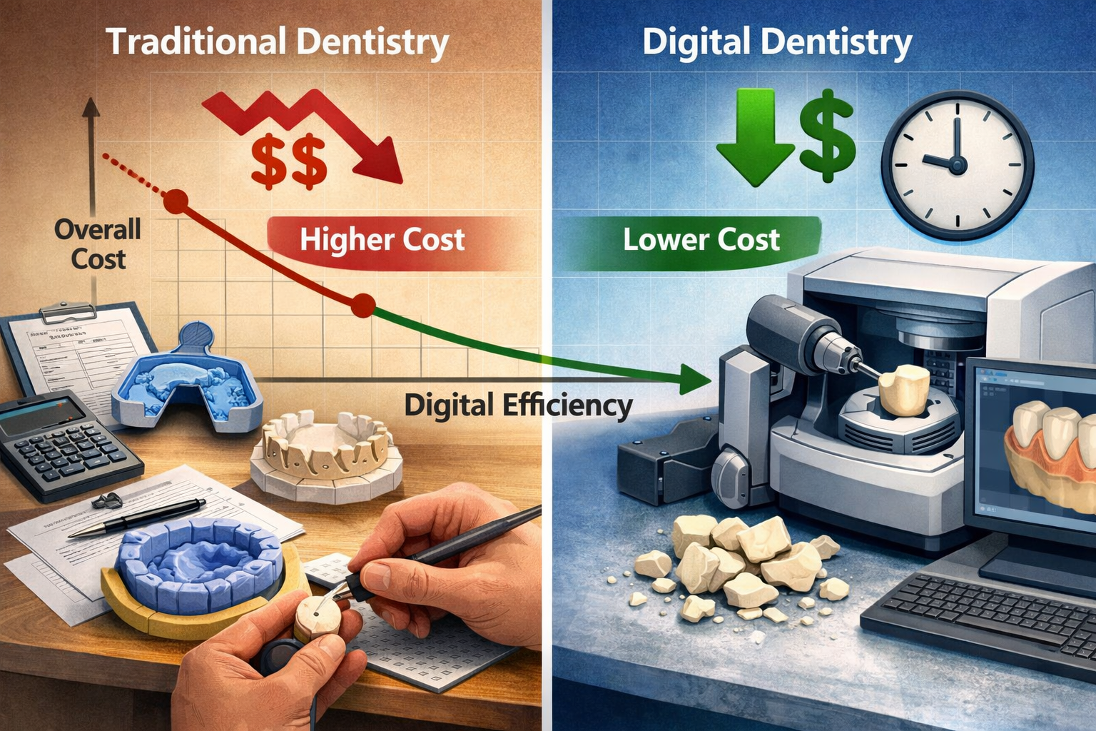 () image illustrating the cost efficiency aspects of digital dentistry. The image features a split view: one side showing