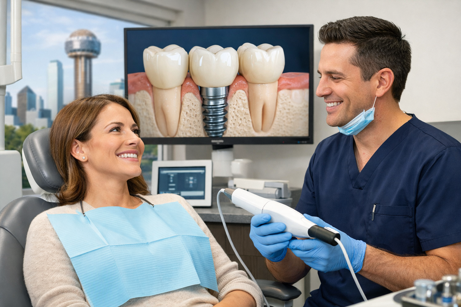 () image depicting the patient experience in a modern Dallas dental clinic, integrating digital dentistry. A smiling patient