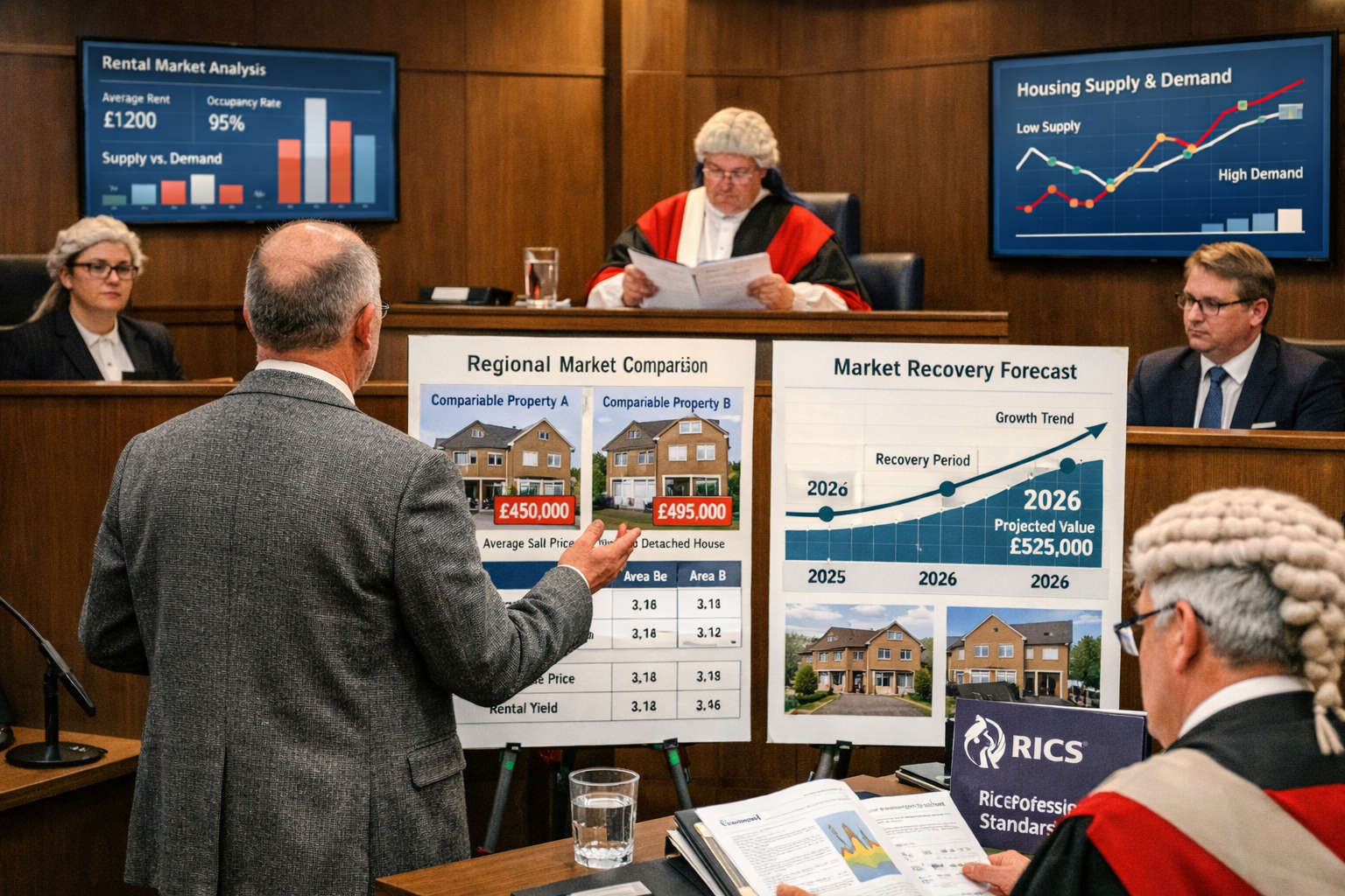 Detailed () conceptual image showing expert witness surveyor standing before judicial panel in modern UK courtroom,