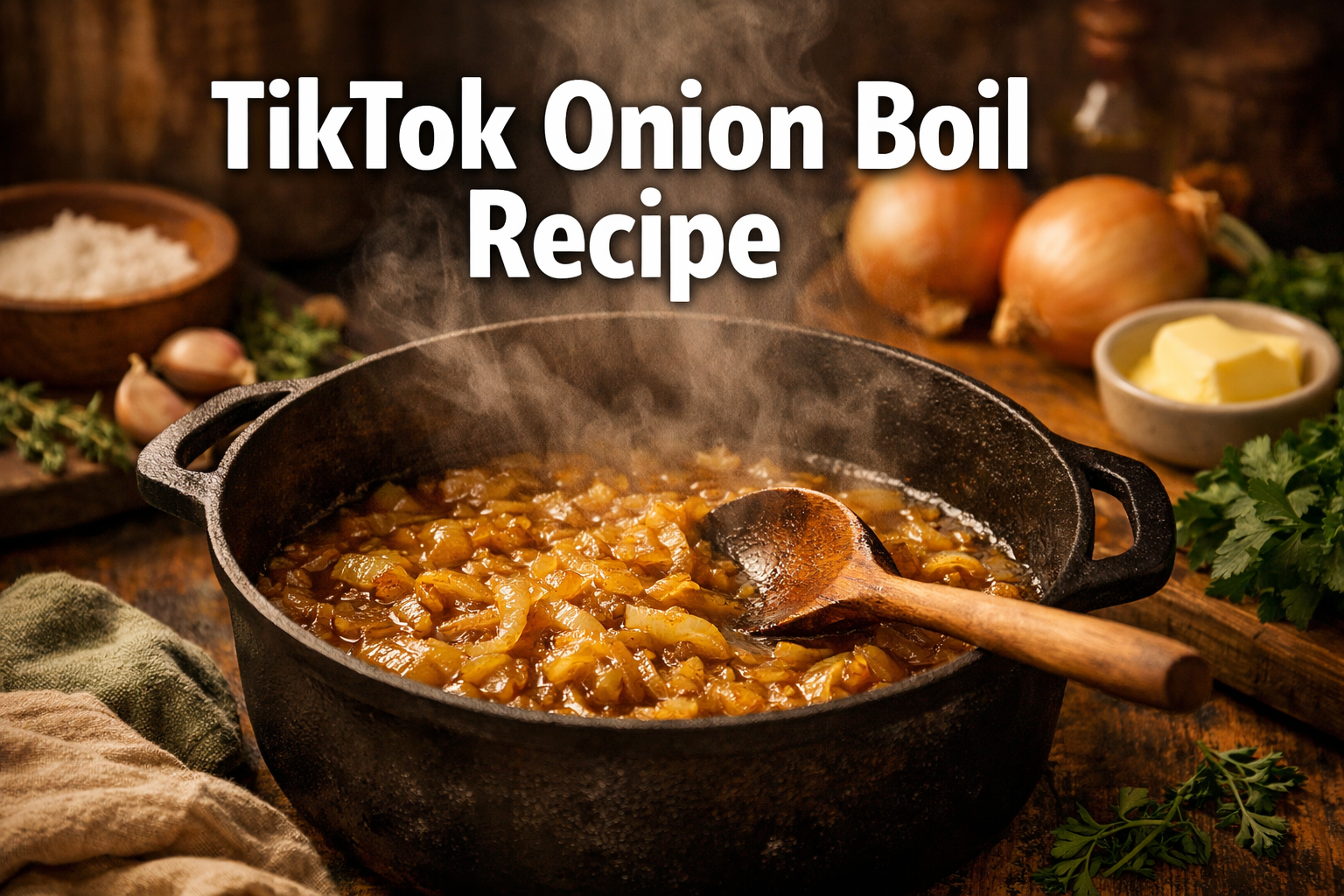 Professional landscape hero image (1536x1024) featuring bold text overlay 'TikTok Onion Boil Recipe' in extra large 72pt white sans-serif fo
