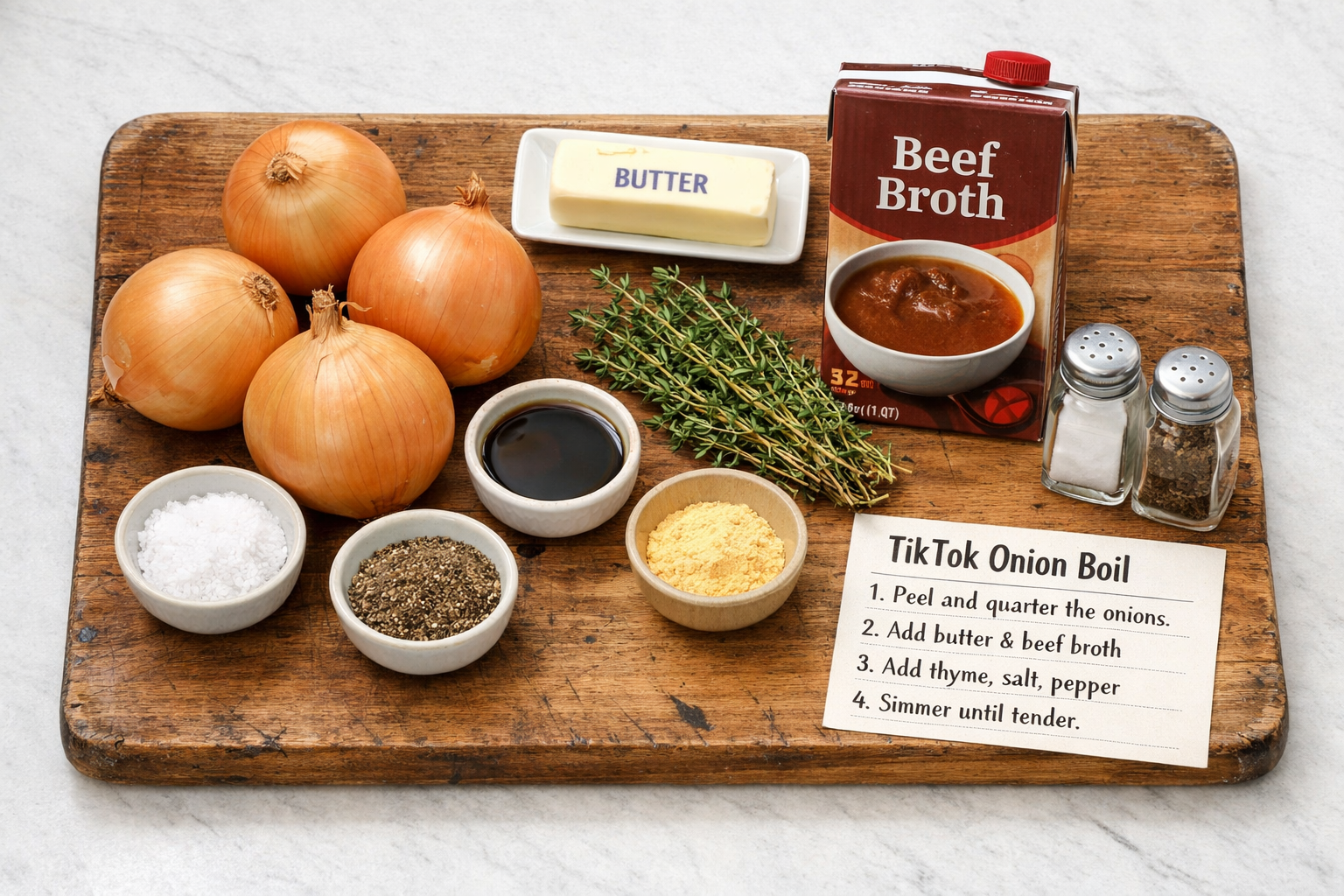 Overhead shot of TikTok onion boil recipe ingredients laid out on rustic wooden cutting board - whole yellow onions, butter stick, beef brot