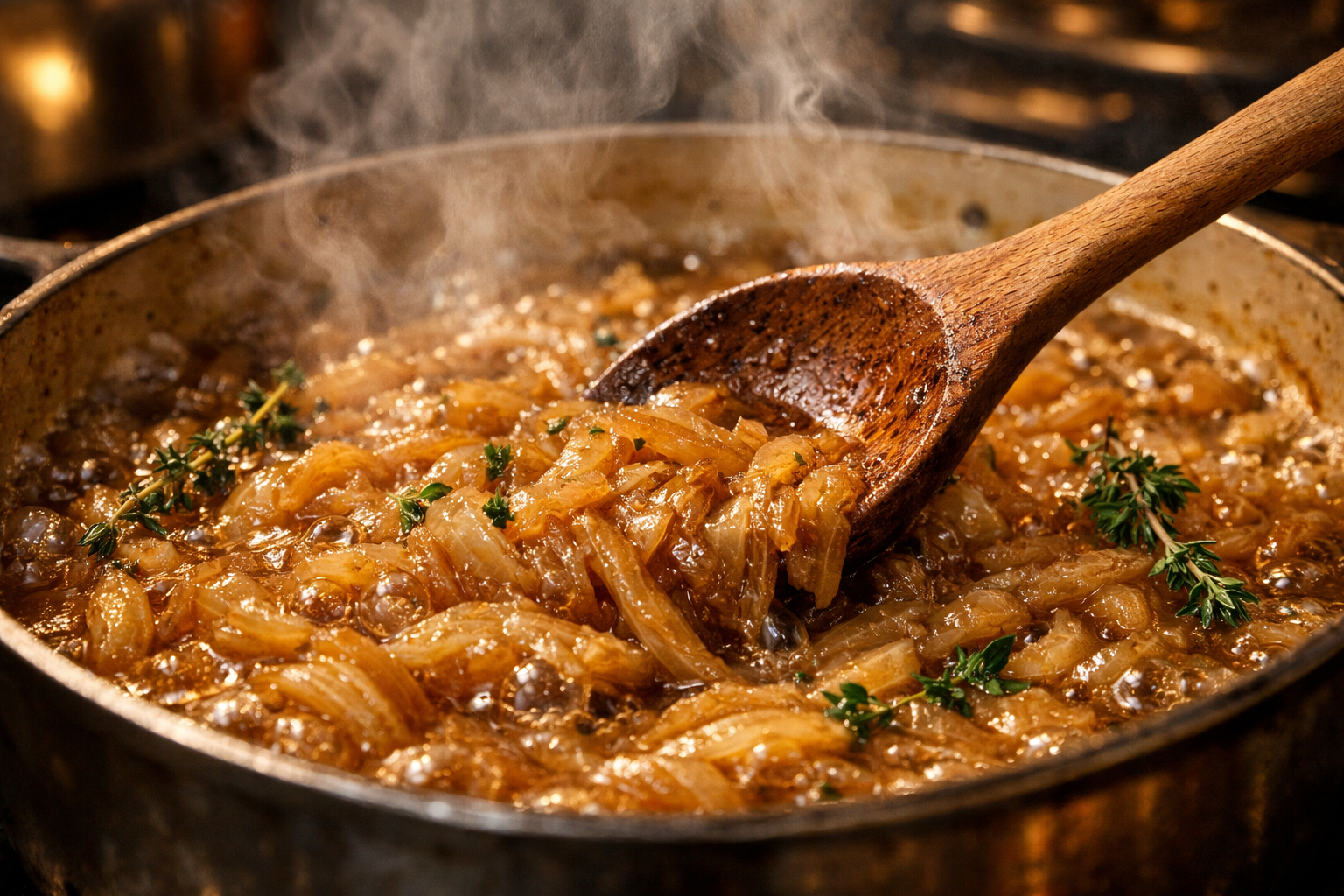 Close-up action shot of caramelized onions bubbling in large pot with wooden spoon stirring, steam rising dramatically, golden-brown onions 