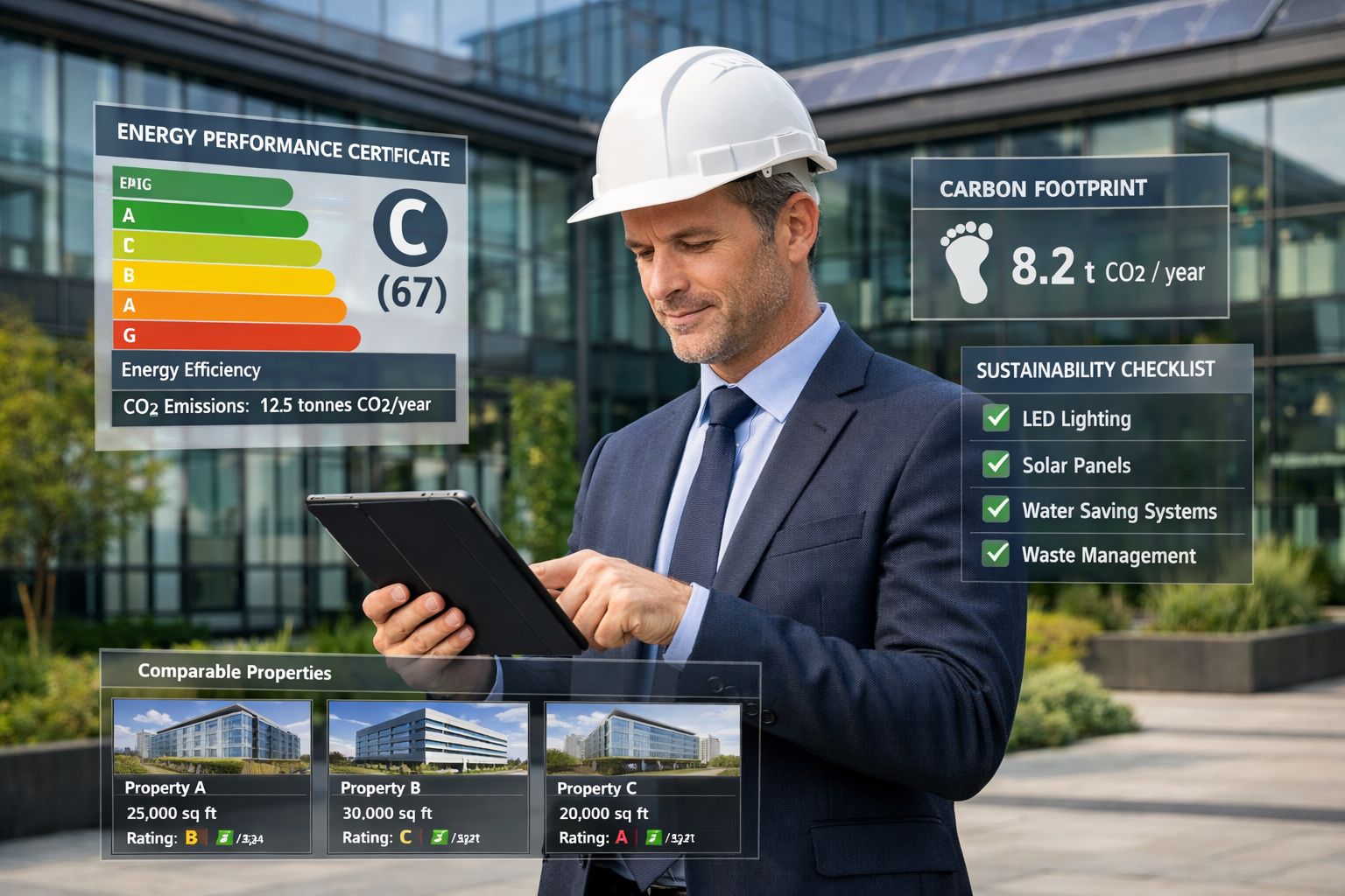 () professional photograph of chartered surveyor in business attire using tablet device while standing in front of modern