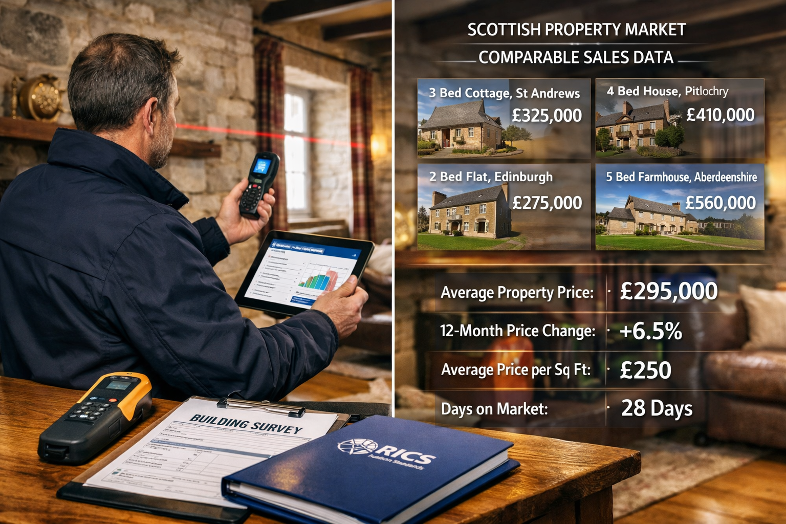 Landscape format (1536x1024) professional composition showing surveyor conducting property valuation in traditional Scottish stone cottage i