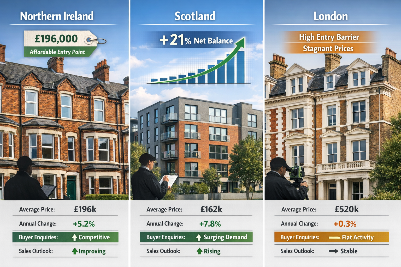 Landscape format (1536x1024) comparative visual analysis showing three distinct property types side-by-side representing regional markets. L