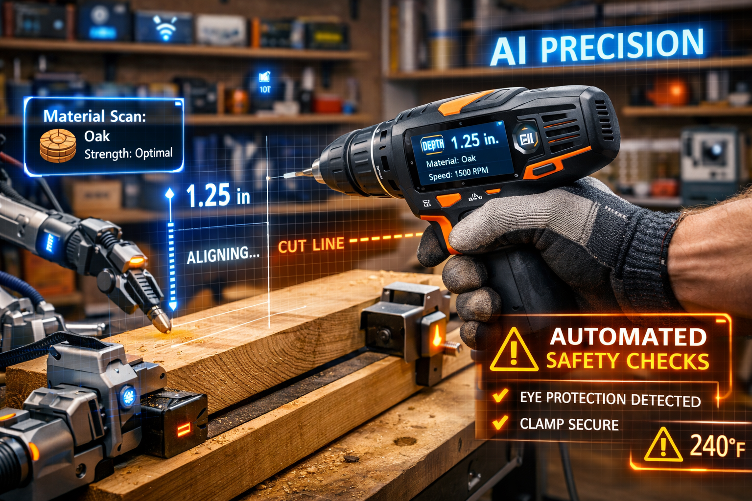 () image illustrating a DIY smart workshop setup focused on AI-powered tool integration. The scene shows a close-up of a