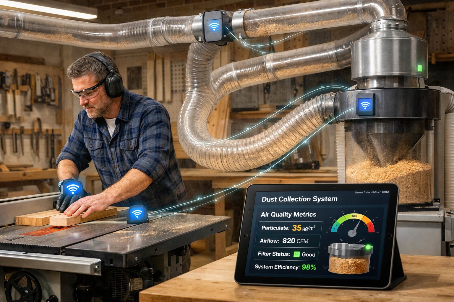 () image depicting the integration of automated systems, specifically smart dust collection. A woodworking enthusiast is