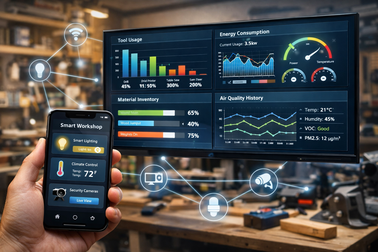 () image showcasing the connectivity and data visualization aspect of DIY smart workshop upgrades. A multi-panel digital