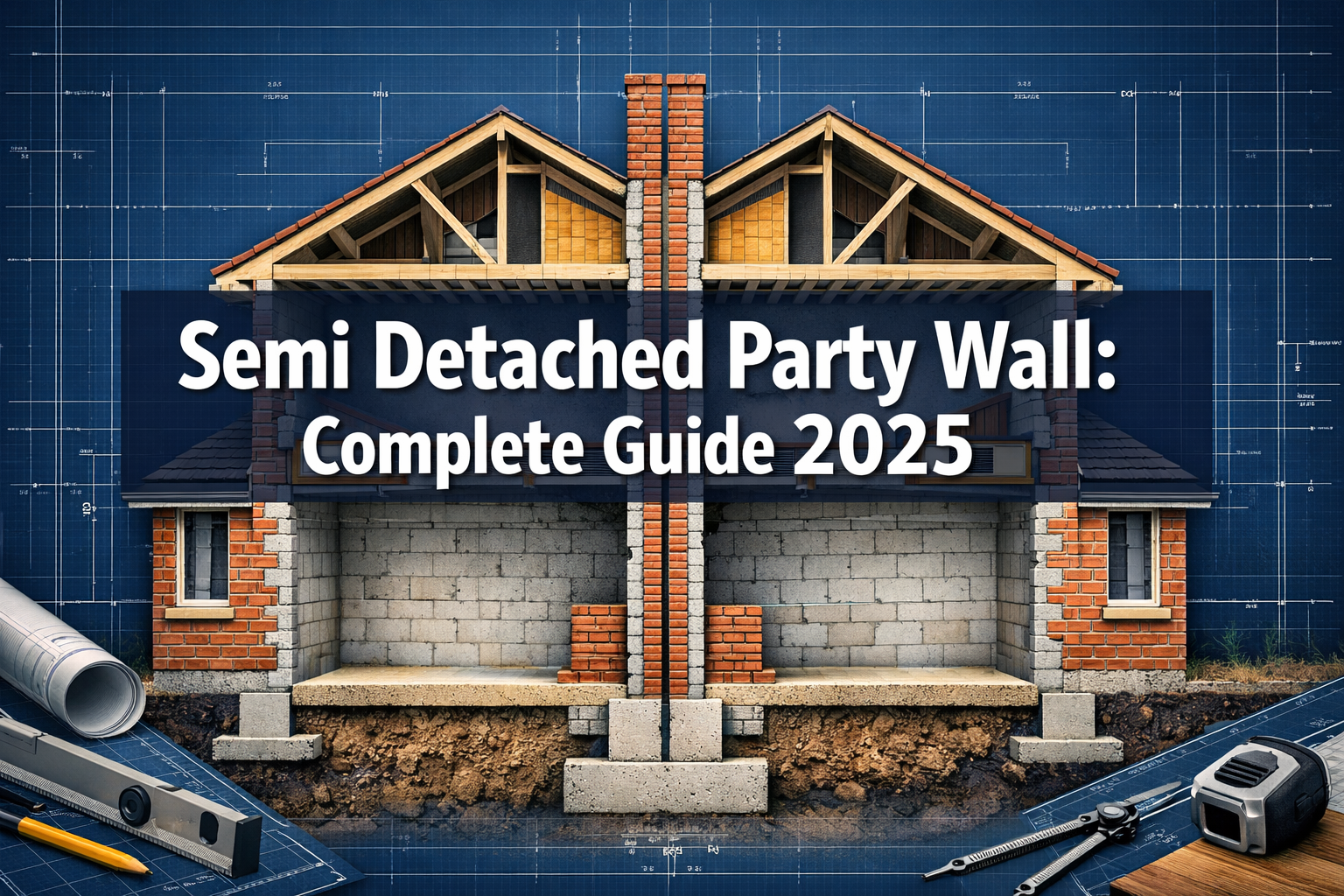 Professional landscape hero image (1536x1024) featuring bold text overlay 'Semi Detached Party Wall: Complete Guide 2025' in extra large 72p