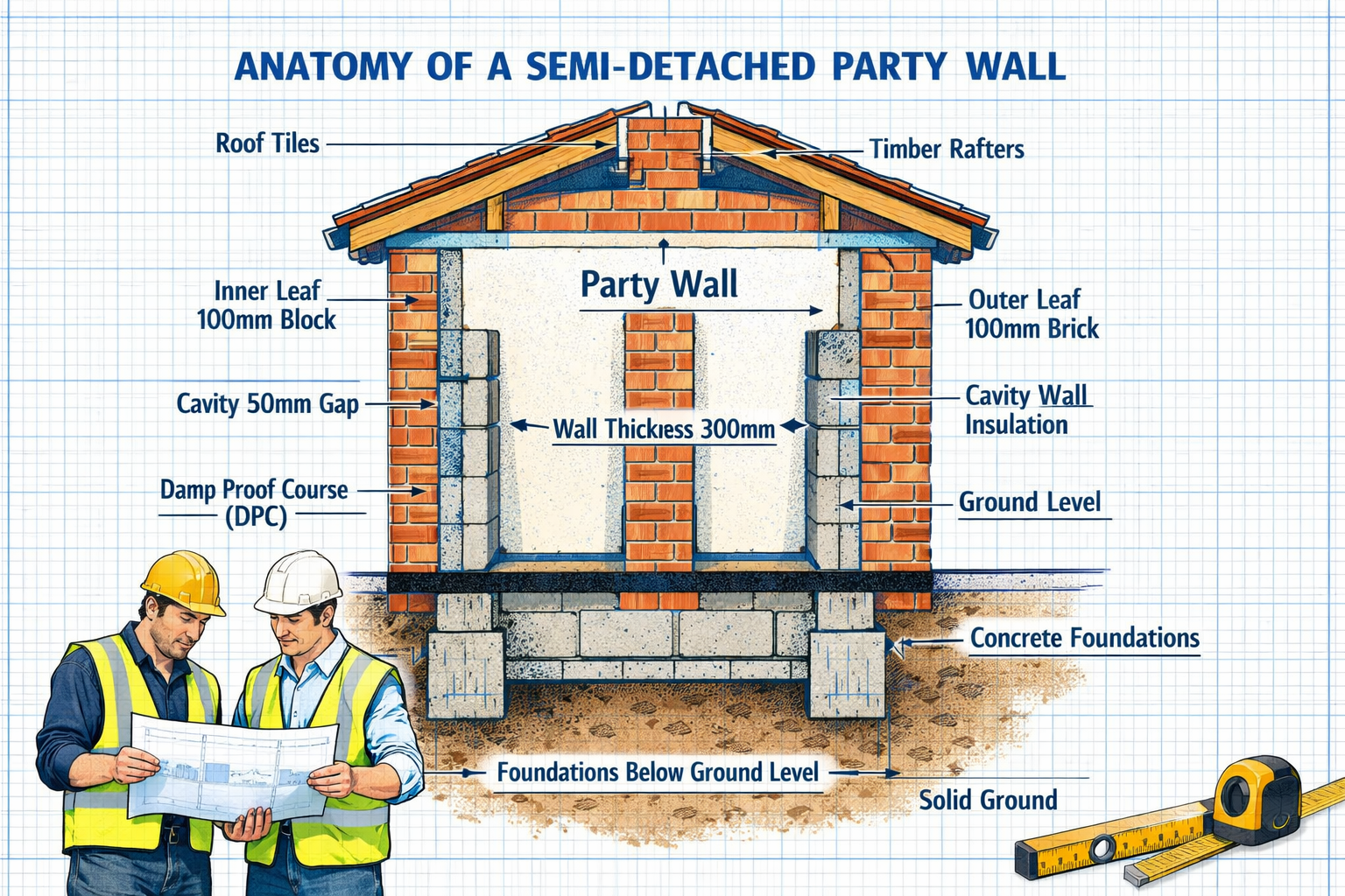 Detailed architectural cross-section illustration (1536x1024) showing the anatomy of a semi-detached party wall with labeled components incl