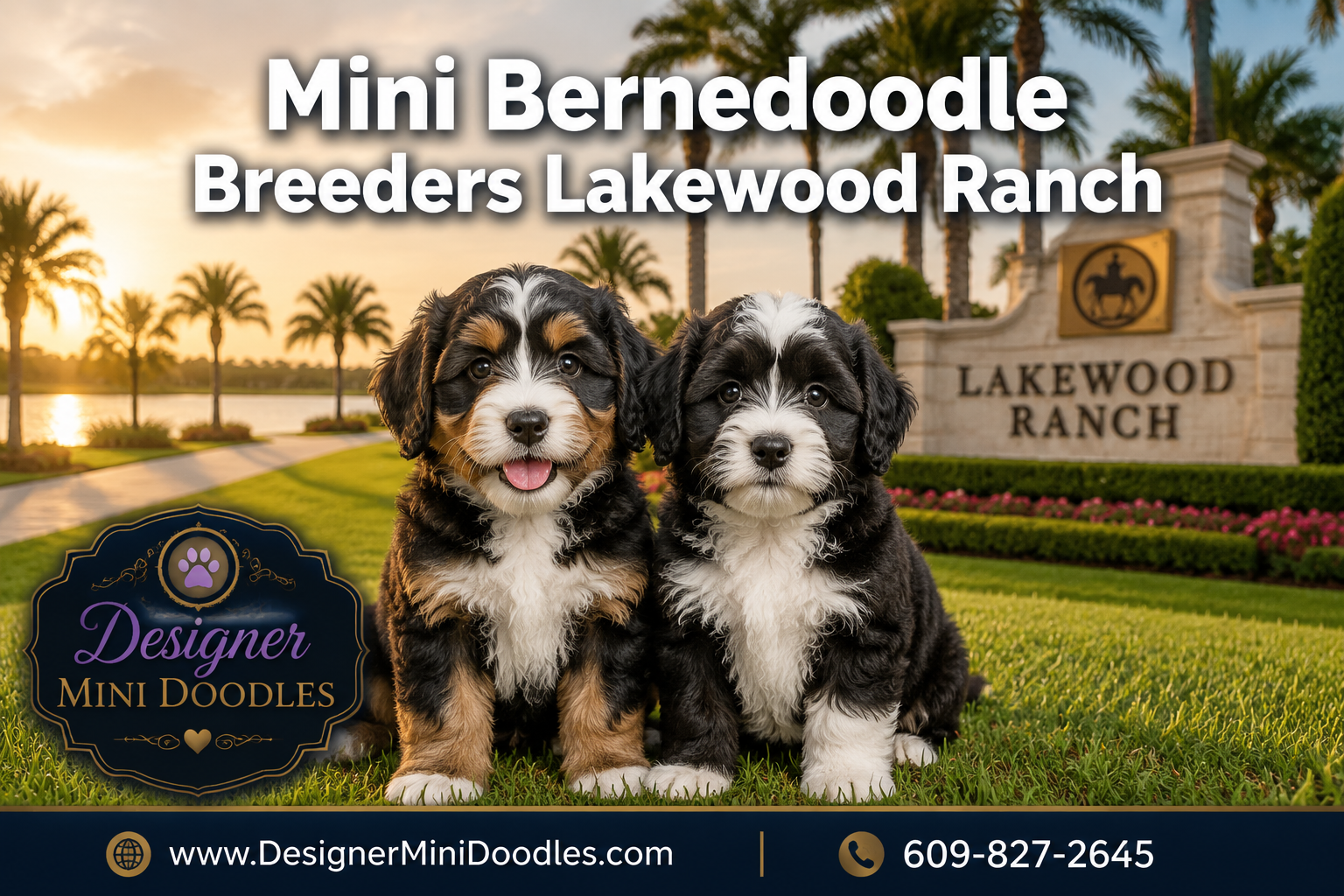 Professional () hero image with : 'Mini Bernedoodle Breeders Lakewood Ranch' in white with dark drop , centered upper-third.