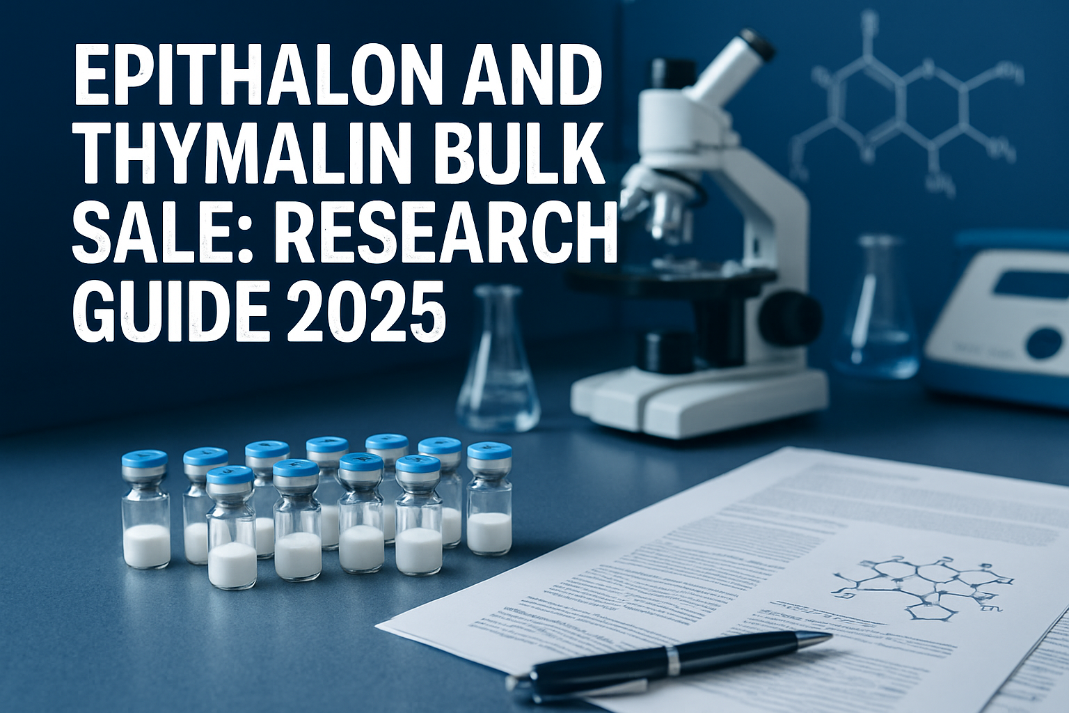Professional landscape hero image (1536x1024) featuring bold text overlay 'Epithalon and Thymalin Bulk Sale: Research Guide 2025' in extra l