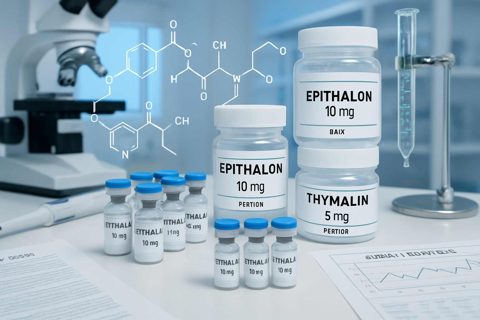 Detailed laboratory scene showing epithalon and thymalin peptide vials arranged on sterile research bench with molecular structure overlays,