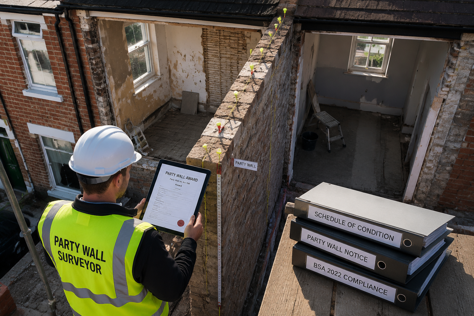 Aerial bird's-eye-view perspective of two adjoining terraced properties mid-renovation, showing a clearly visible party wall