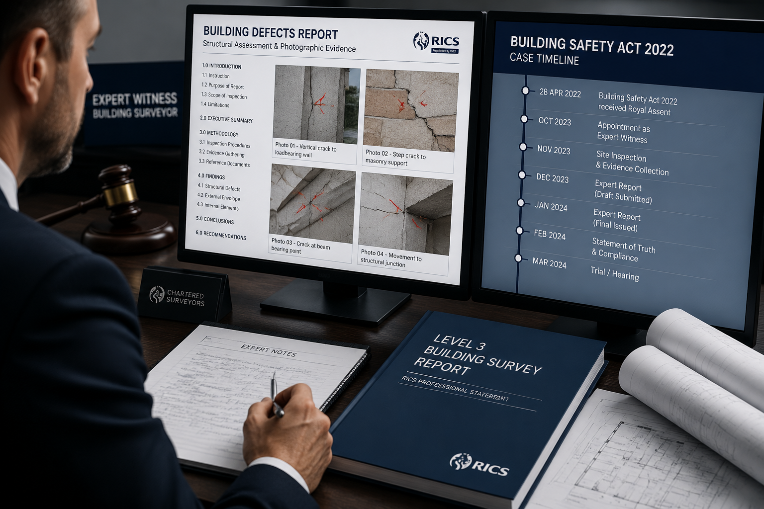 Close-up courtroom-adjacent scene showing an expert witness surveyor at a professional desk with dual monitors: one