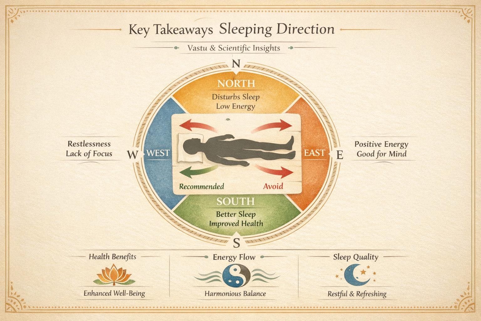 Do not write in Hindi on the images. Must write in English only. Elegant infographic highlighting 'Key Takeaways' about sleeping direction, 