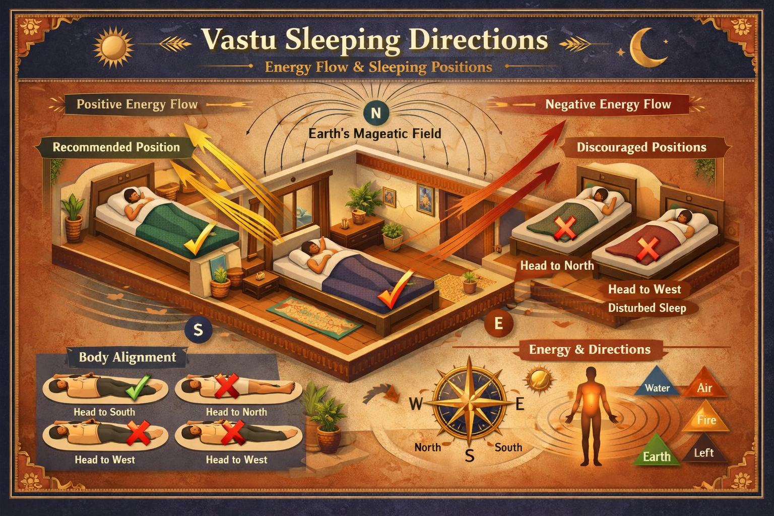 Do not write in Hindi on the images. Must write in English only. Comprehensive वास्तु-inspired architectural diagram explaining directional 
