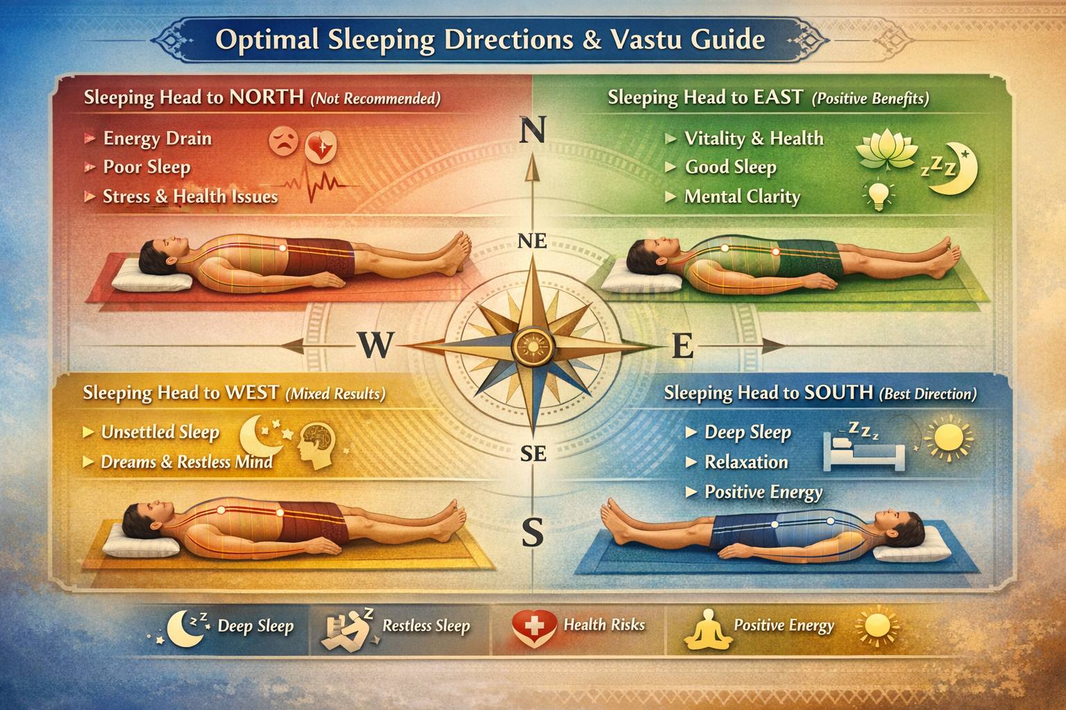Do not write in Hindi on the images. Must write in English only. Detailed anatomical and वास्तु compliance chart illustrating optimal sleepi